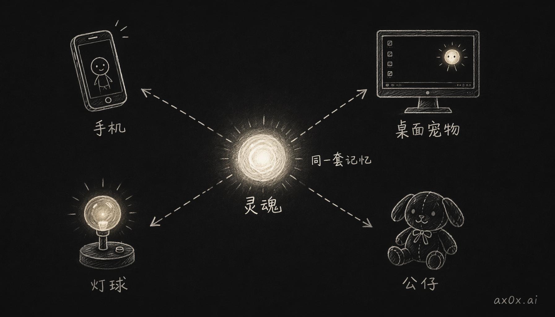 同一个灵魂带着同一套记忆和性格，同时住进手机、桌面宠物、灯球、公仔四个不同的身体里