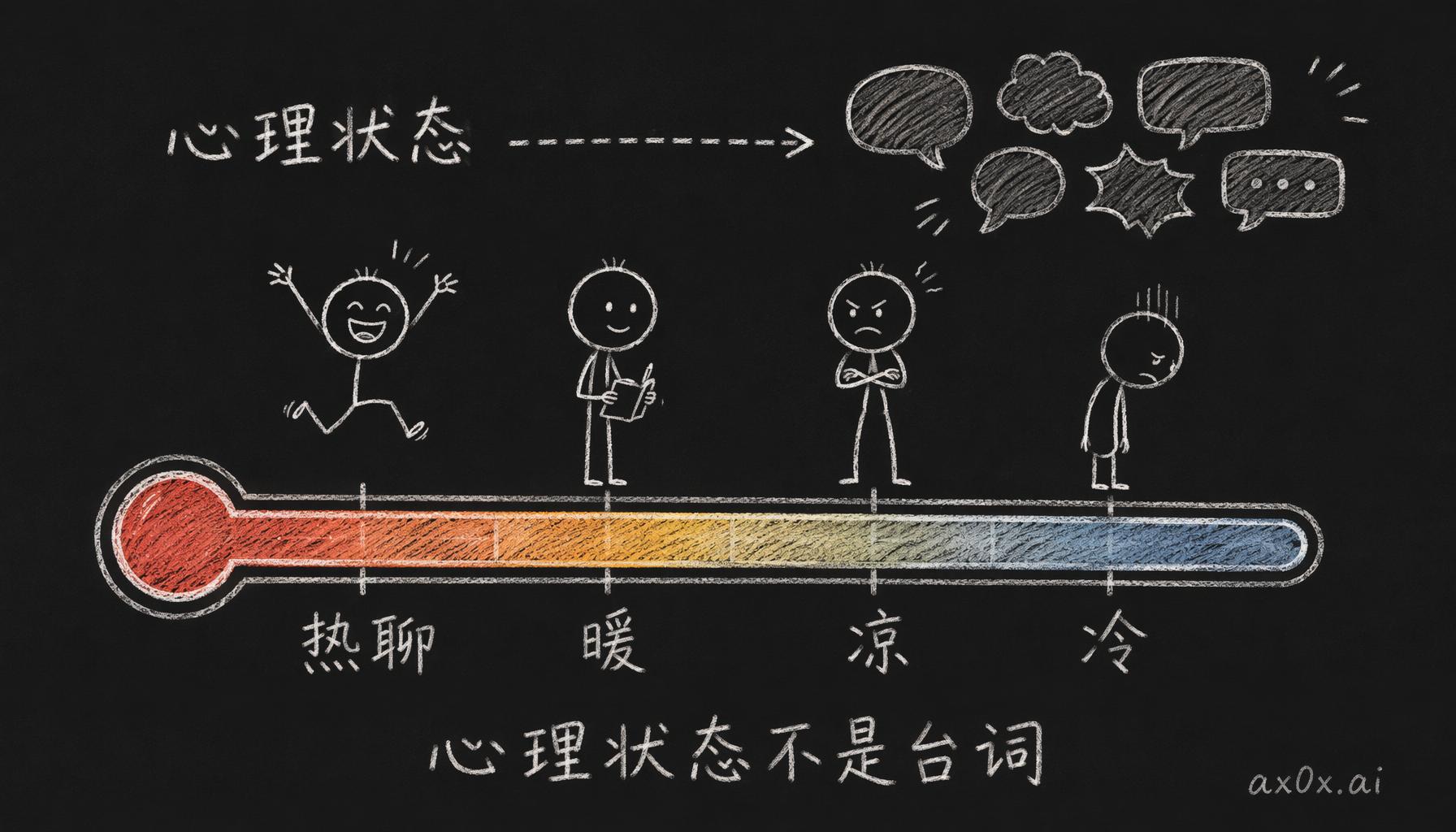 对话温度分四档，每一档写的是心理状态而非台词，模型从状态里自己推出每次不同的行为