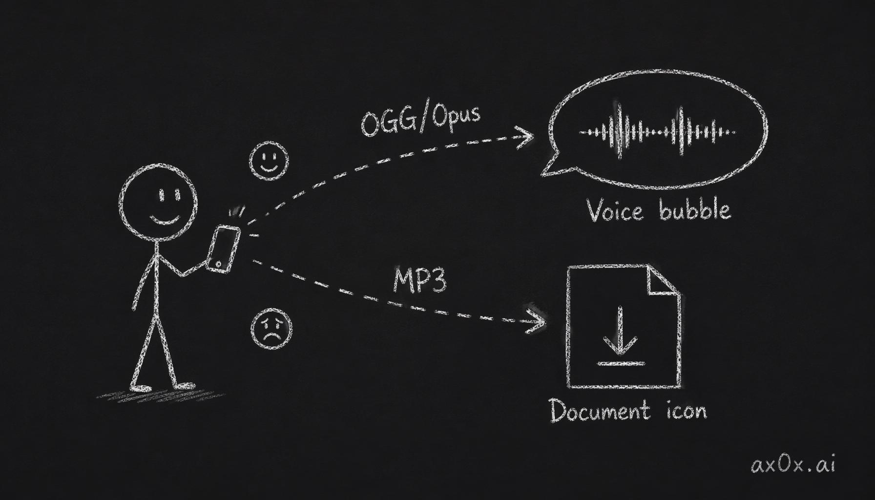 The output format decides whether Telegram shows a round voice bubble or a file icon