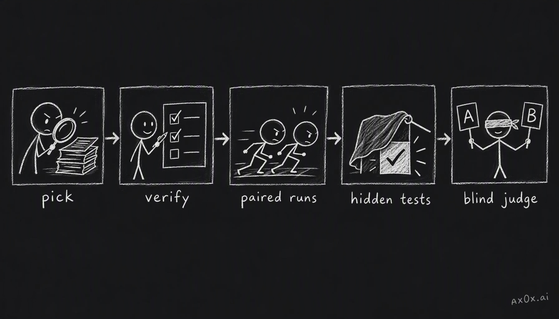 The replay pipeline: pick, verify, paired runs, hidden-test scoring, blind judging