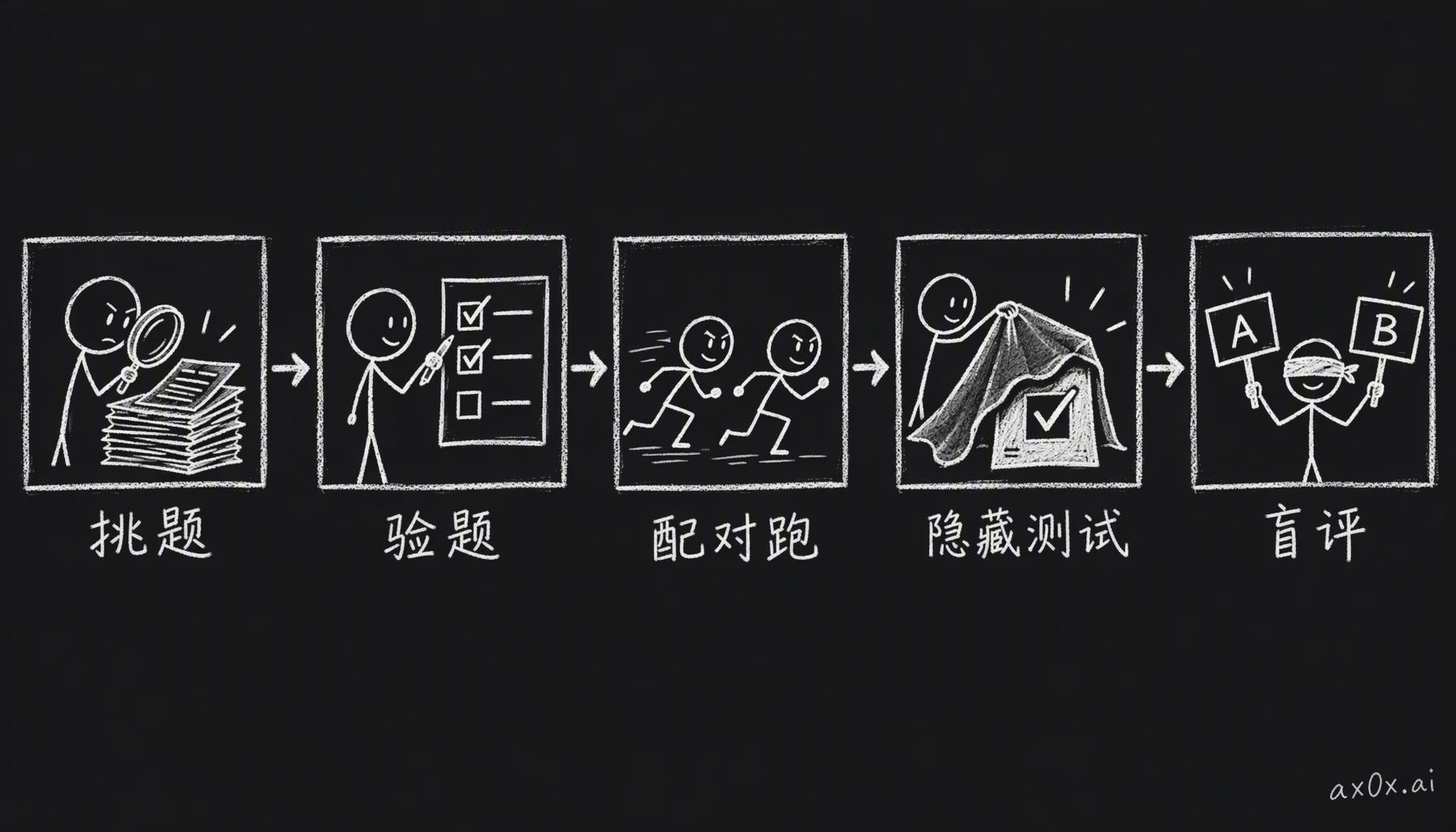 replay 测试流程：挑题、验题、配对跑、隐藏测试判分、盲评