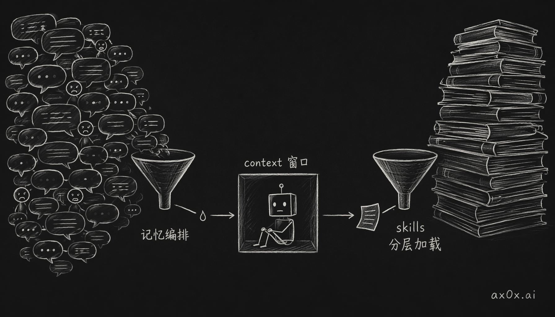 context 窗口是最稀缺的资源：记忆编排和 skills 分层加载都在回答窗口里该放什么