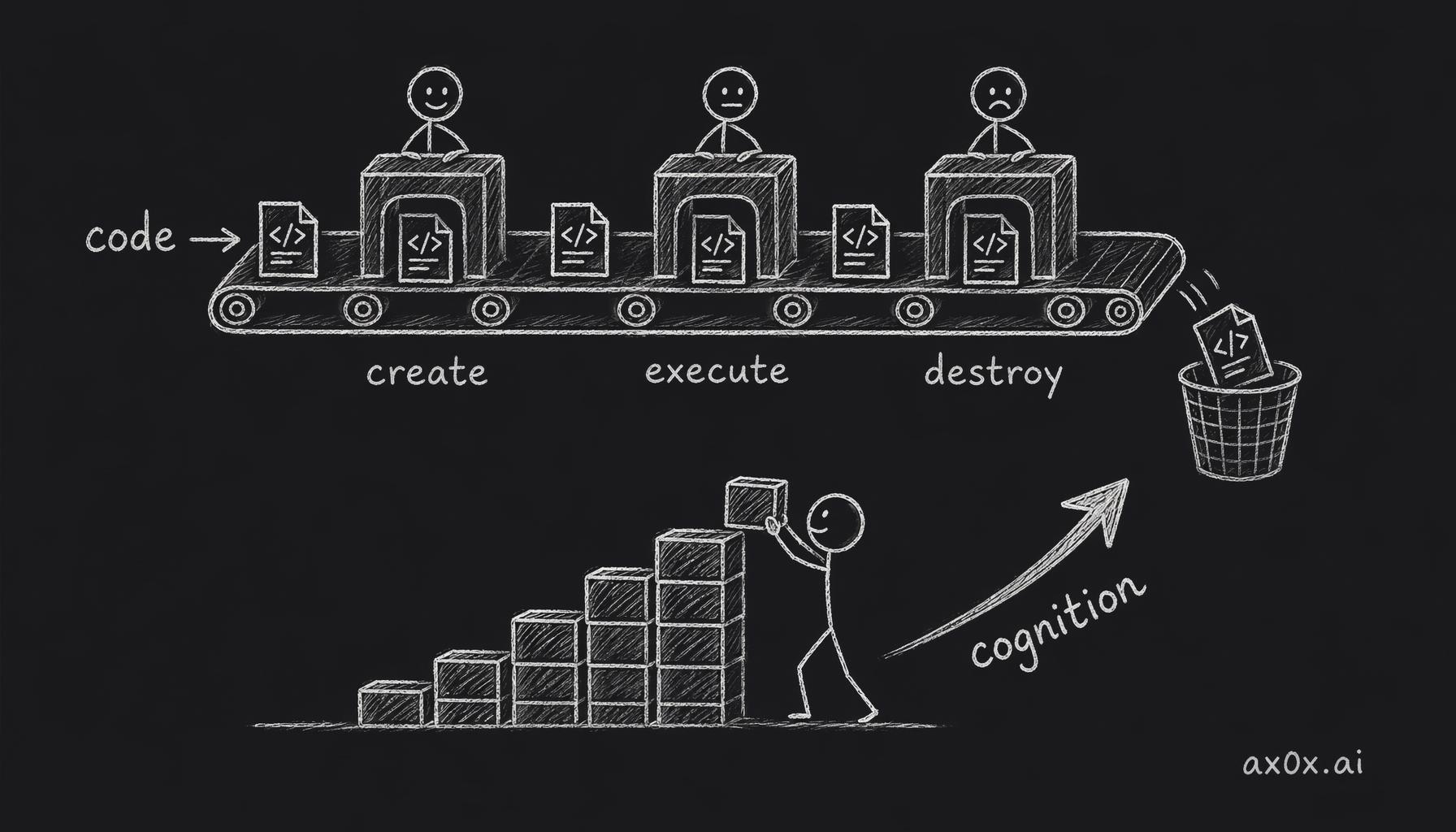 The disposable cycle: code is created, executed, destroyed — cognition keeps accumulating