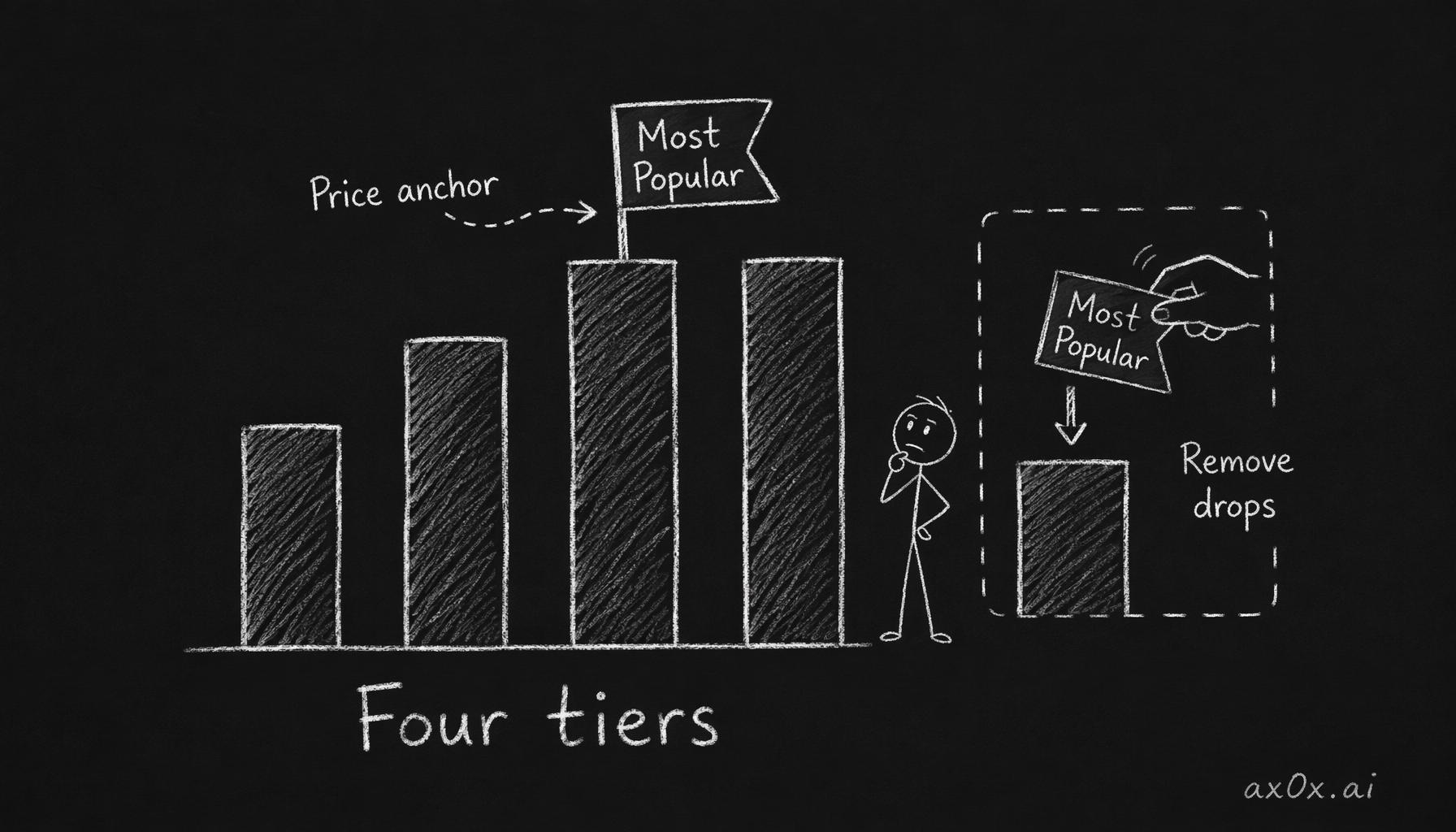 Across four credit tiers, the middle one wears a Most Popular badge that acts as a price anchor — remove it and that tier's conversion drops