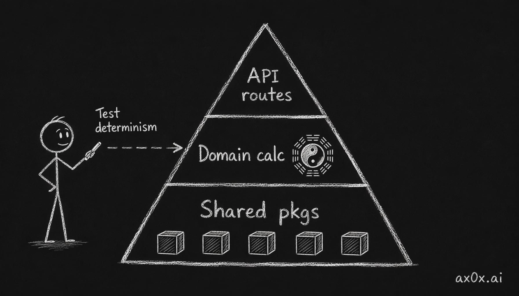 A deliberate three-layer testing priority — shared packages up to domain calc up to API routes — where domain logic is tested for determinism, not correctness
