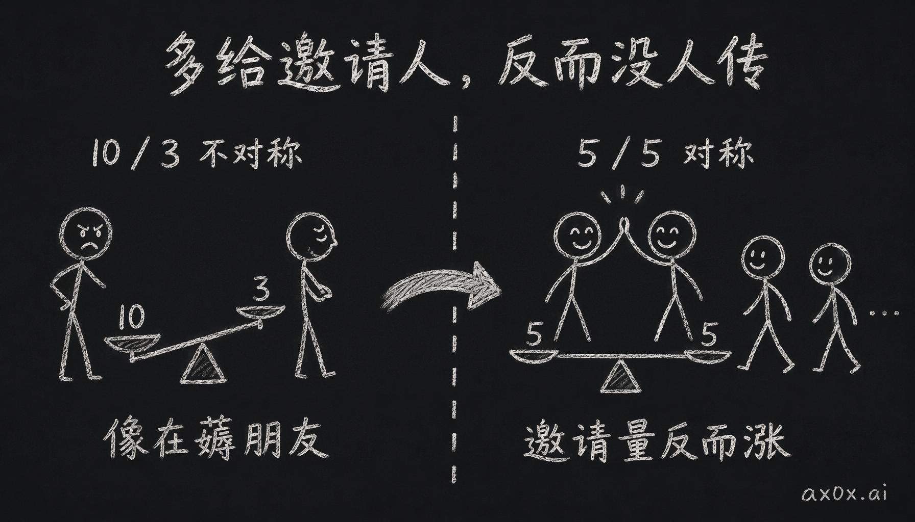 邀请返利改成对称各 5 积分后传播反而变好——不对称多给邀请人反而没人传