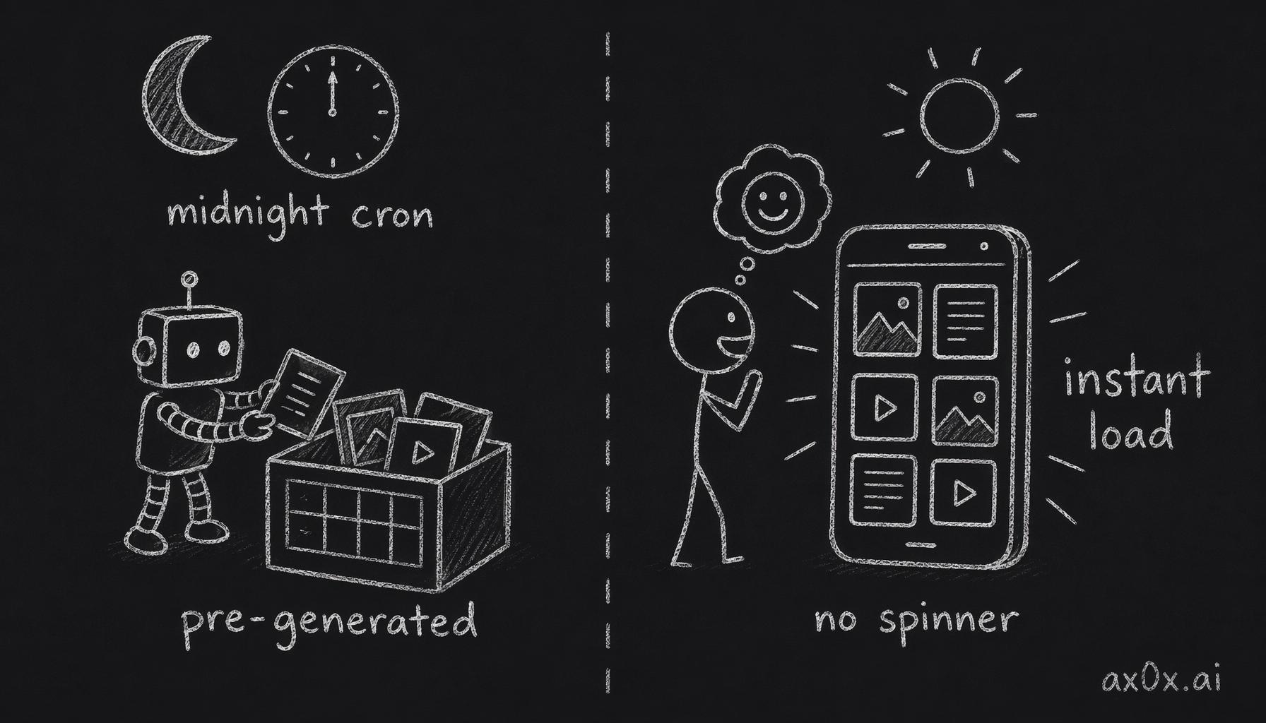 A midnight cron pre-generates the daily content and stores it, so when the user opens the hub at 8 AM it loads instantly with no spinner instead of computing on demand