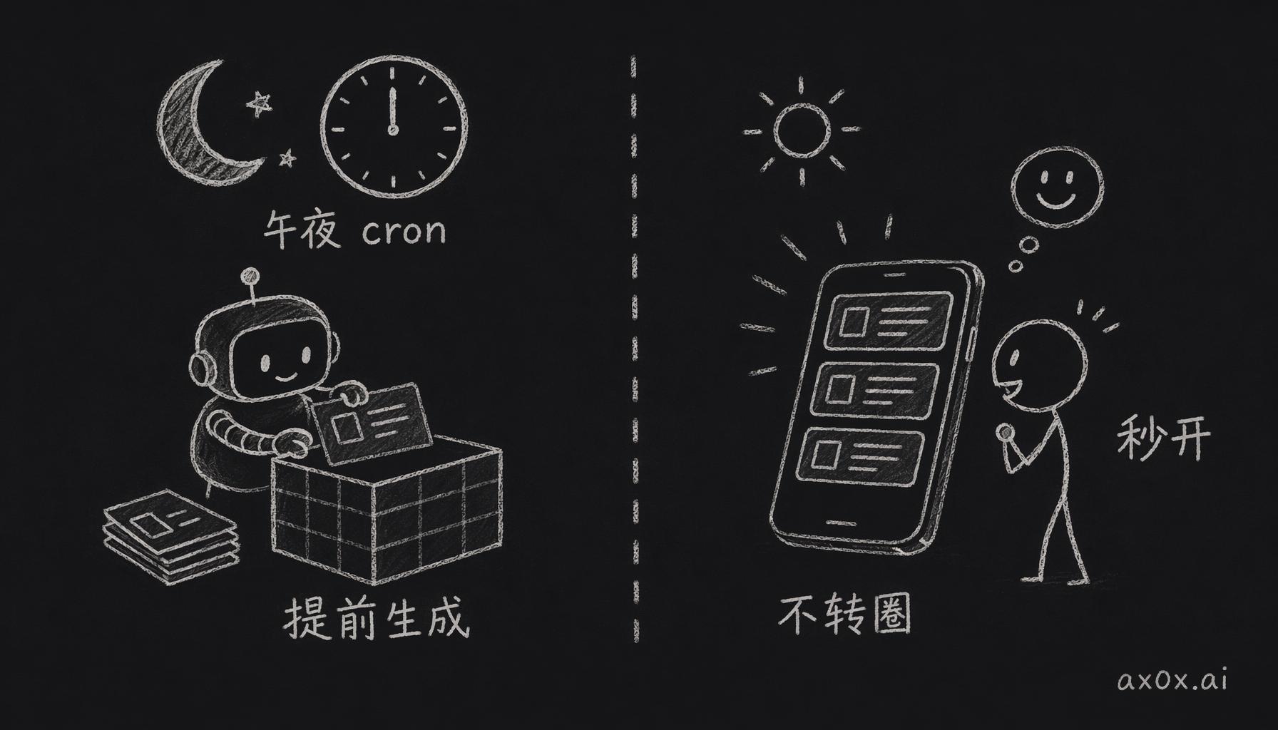 午夜 cron 提前把内容生成好存下，用户早上打开直接读现成的，秒开不转圈，而不是打开时现算等三秒