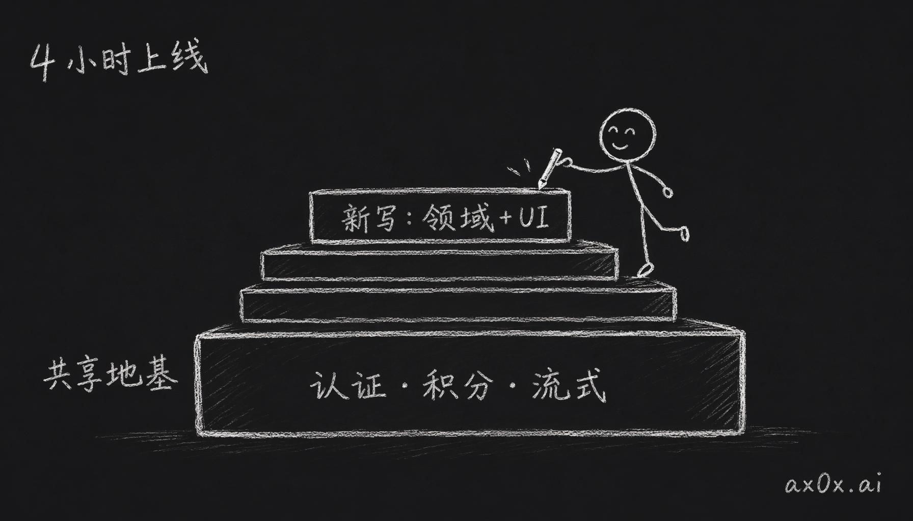 每个新产品只需新写领域知识和 UI 这一薄层，认证积分流式等地基全部复用共享包，所以 4 小时就能上线