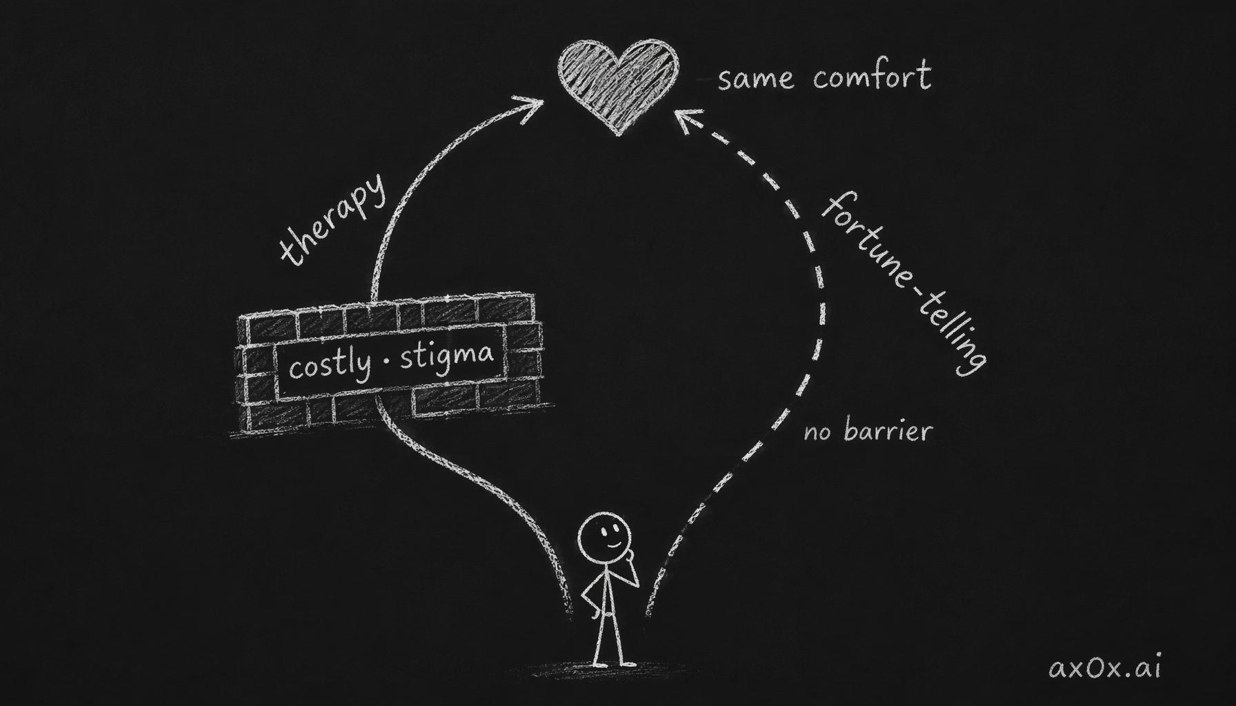 Therapy is blocked by cost, waitlists, and stigma while fortune-telling flows freely, both paths reaching the same emotional comfort