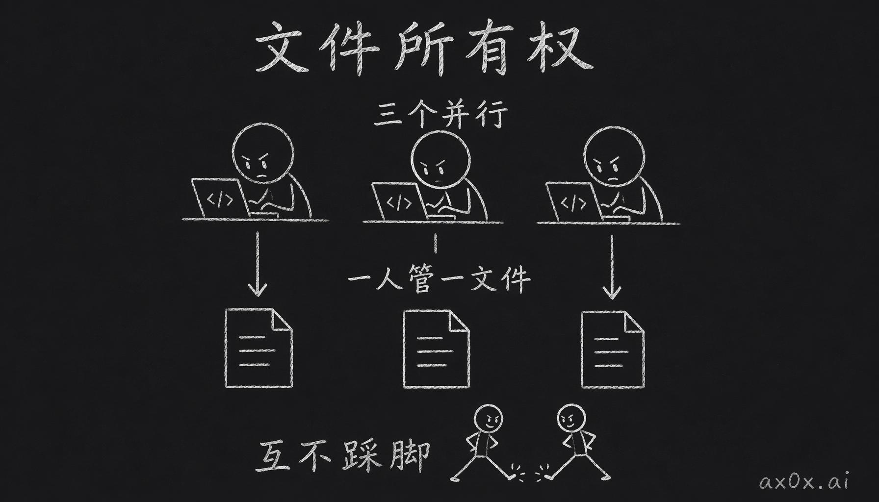 修复按文件所有权分工，一个文件只有一个 agent 在动，三个修复员并行改代码也互不踩脚