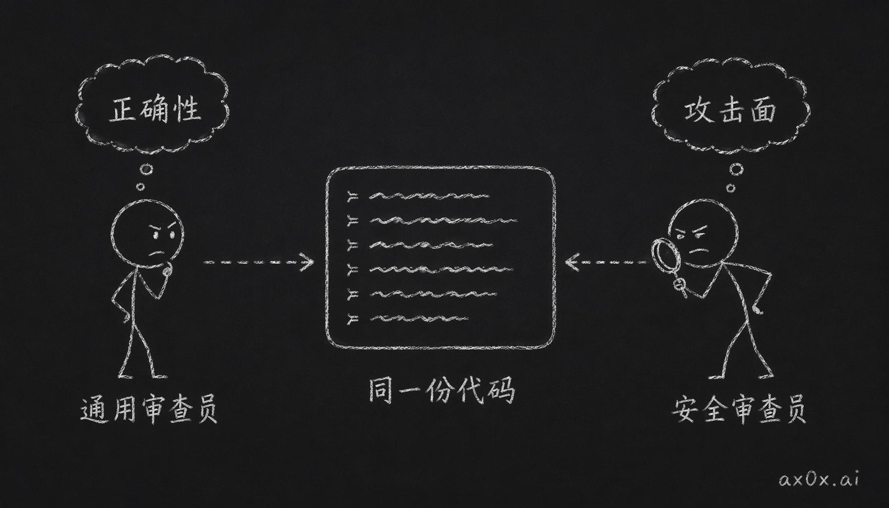 同一份代码，通用审查员盯正确性、安全审查员盯攻击面，专业分工才能各自发现对方漏掉的 bug
