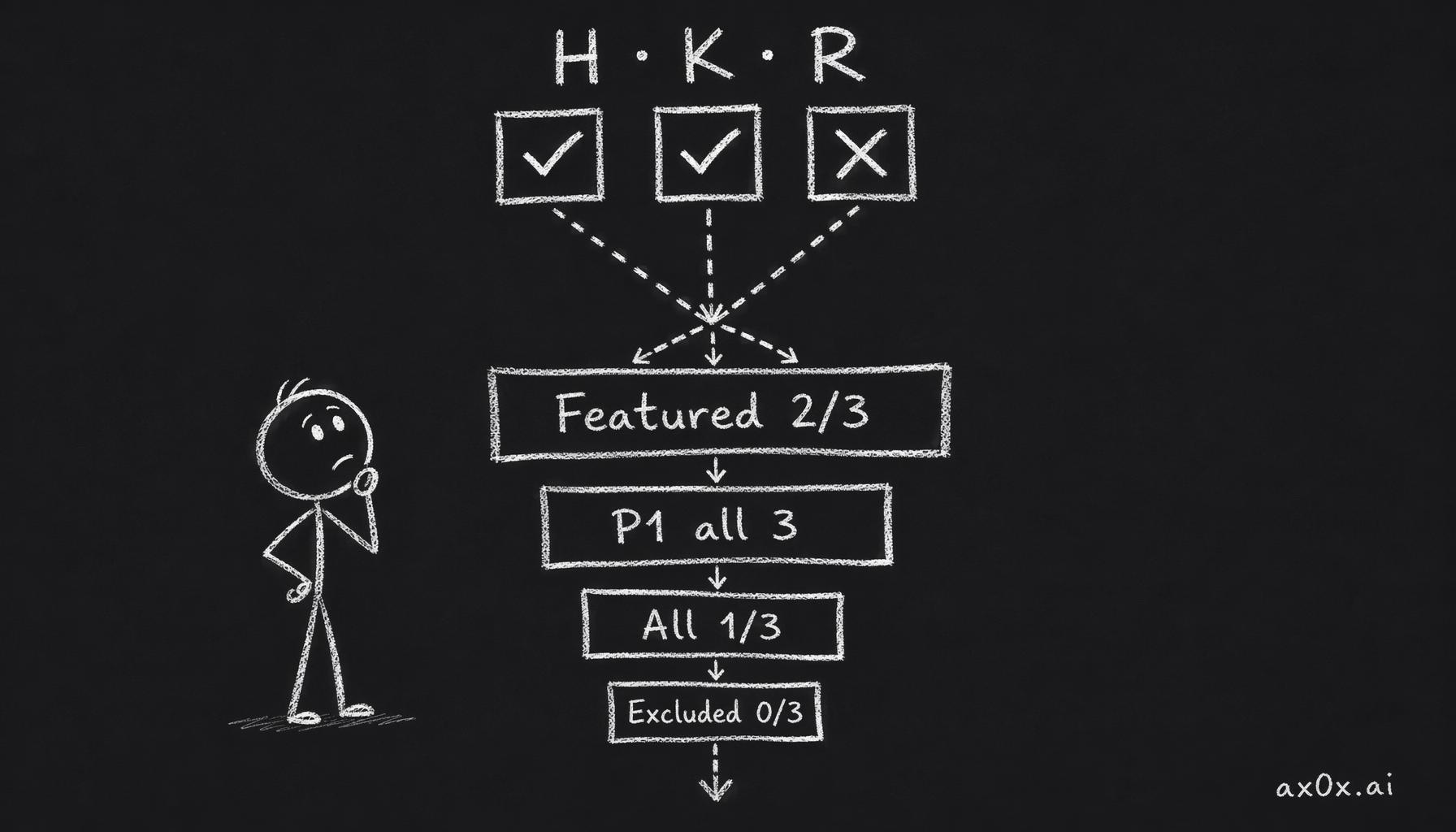 Each of the three axes H, K, R hits or misses, and how many hit decides which of four tiers — featured, P1, all, excluded — a story lands in