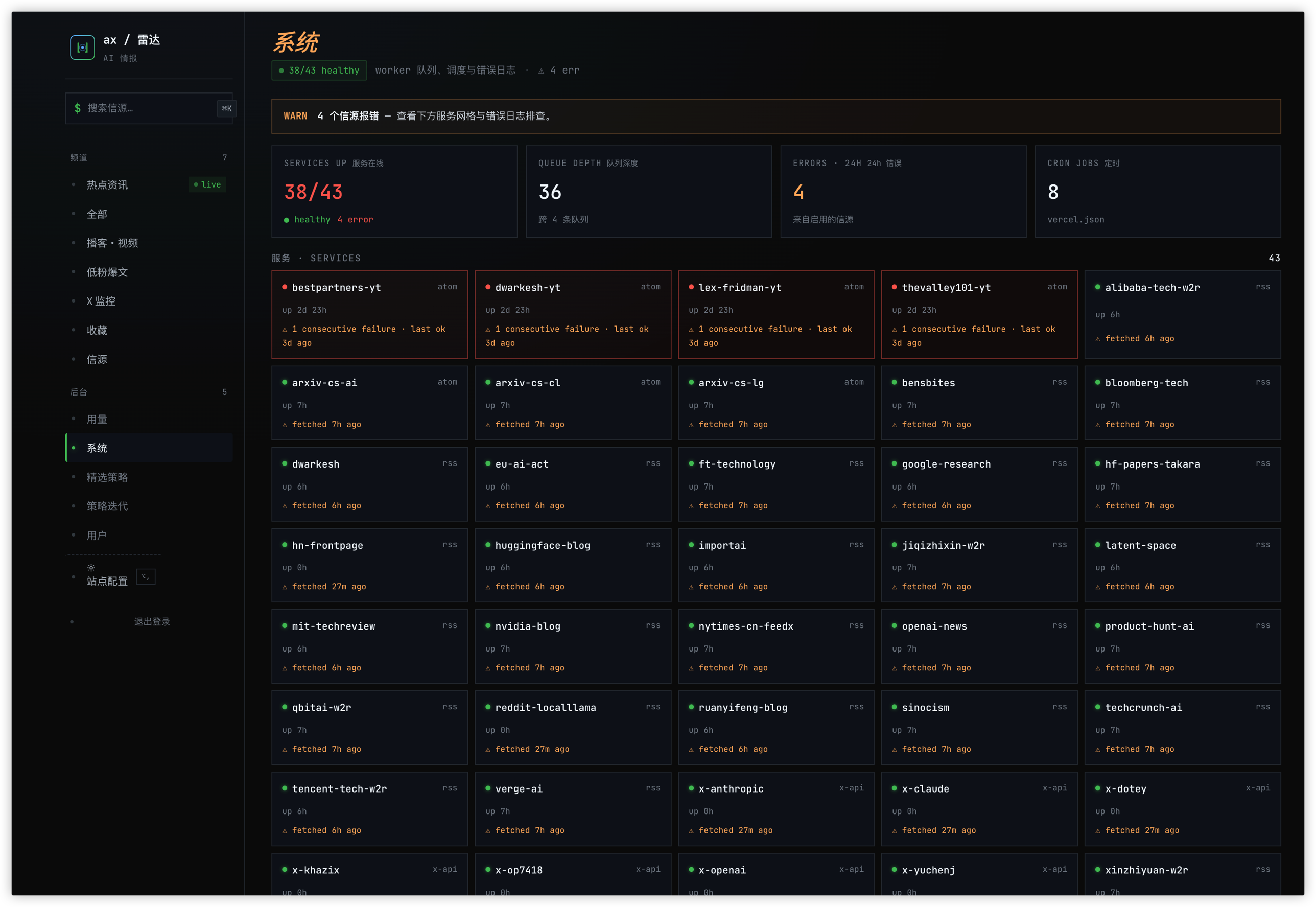 System page: 43 source services with uptime, queue depth, and error logs