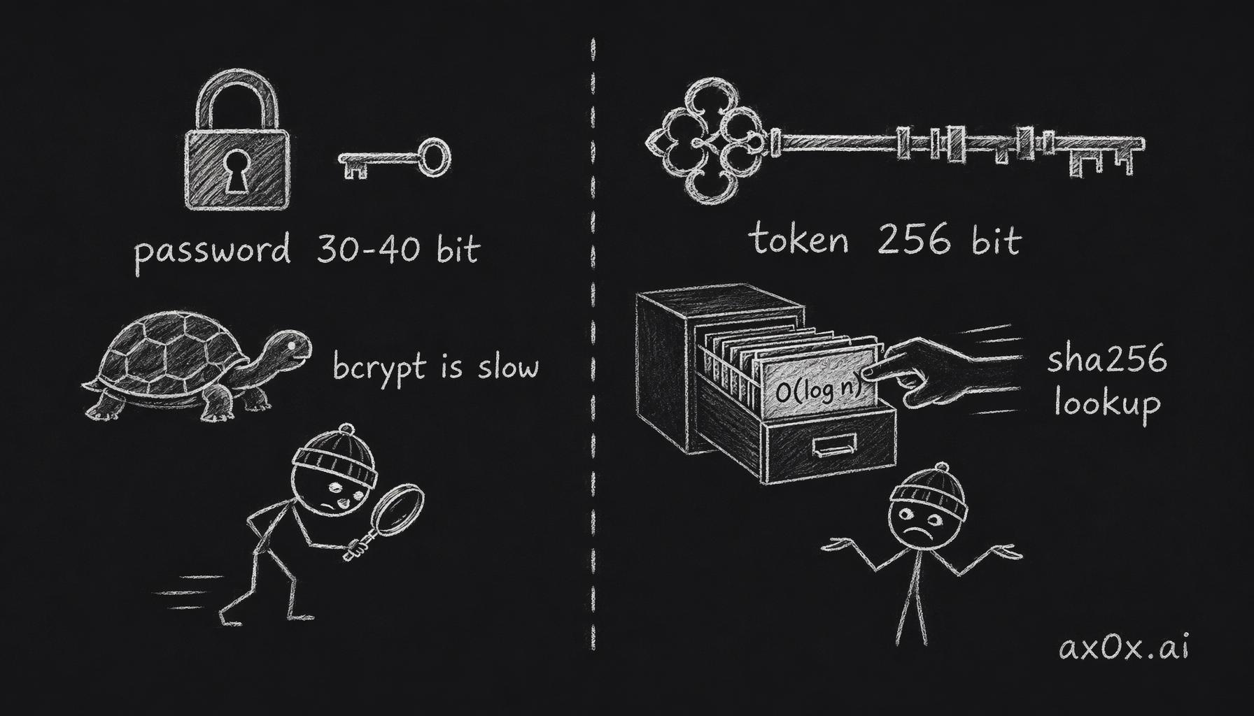 Low-entropy passwords need bcrypt's deliberate slowness to resist brute force; high-entropy random tokens can't be brute-forced, so sha256 plus an index gives O(log n) lookup
