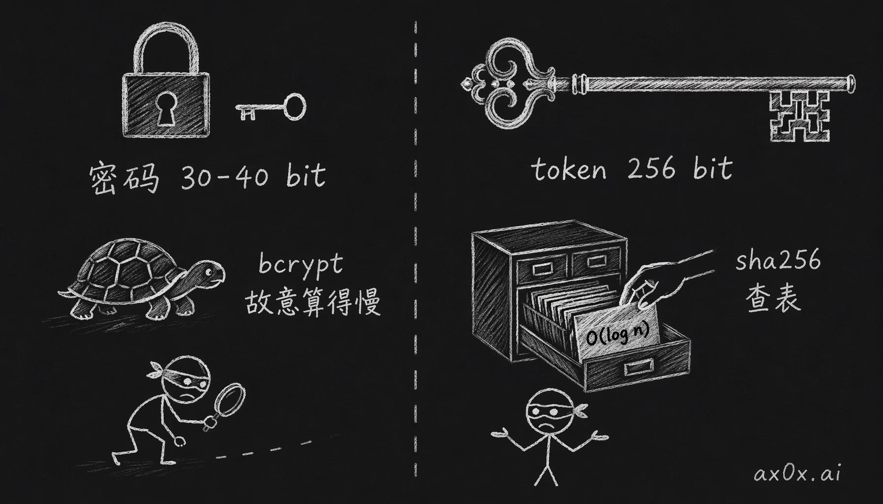 低熵密码要靠 bcrypt 故意算得慢来防撞库，高熵随机 token 本就撞不出来，sha256 加索引即可 O(log n) 查表