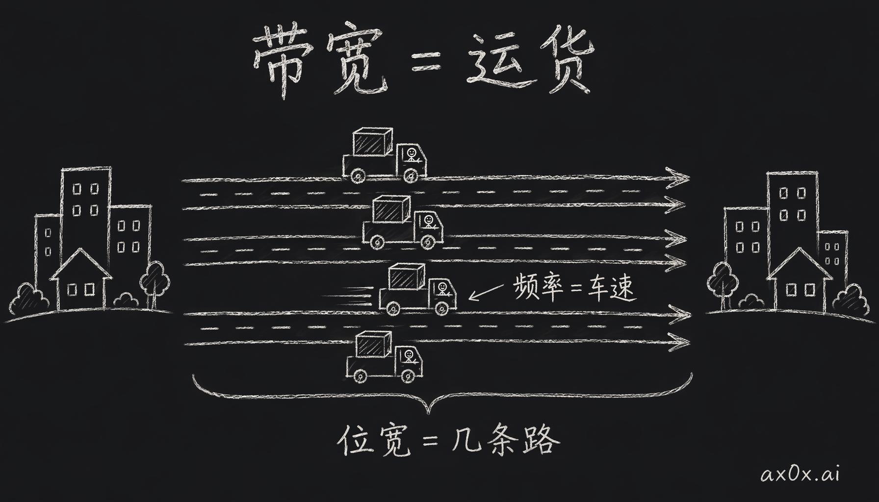 带宽 = 位宽 × 频率：位宽是两城之间修了几条路，频率是每条路上货车跑多快