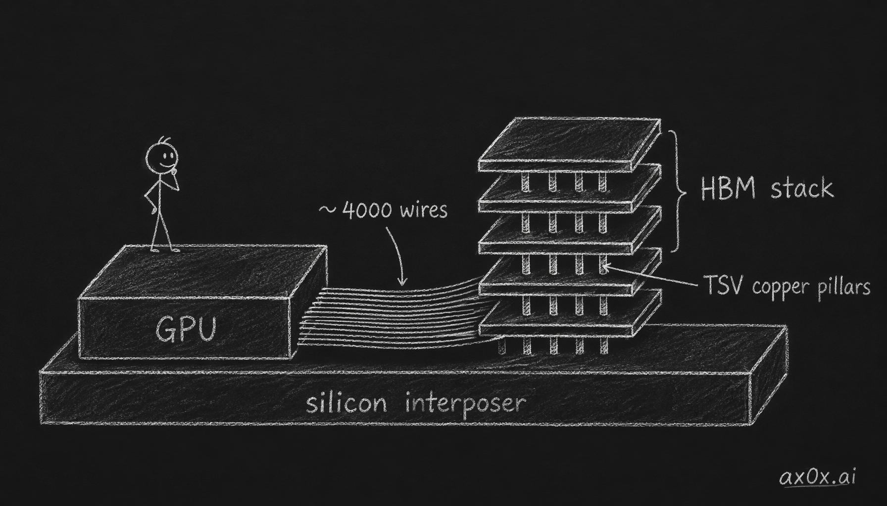 HBM drills copper pillars through memory dies stacked vertically on a silicon interposer beside the GPU, trading nearly four thousand wires for extreme bandwidth