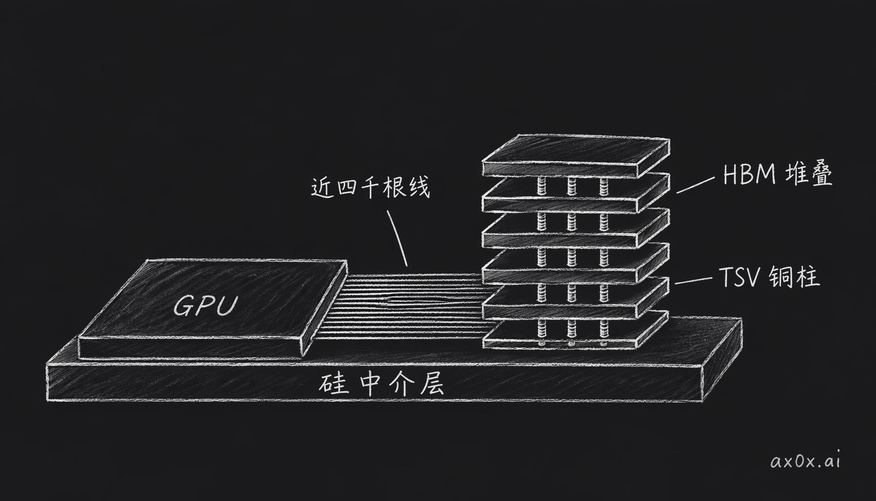 HBM 把存储芯片打孔穿铜柱垂直叠起来，坐在硅中介层上紧贴 GPU，用近四千根线换来极致带宽