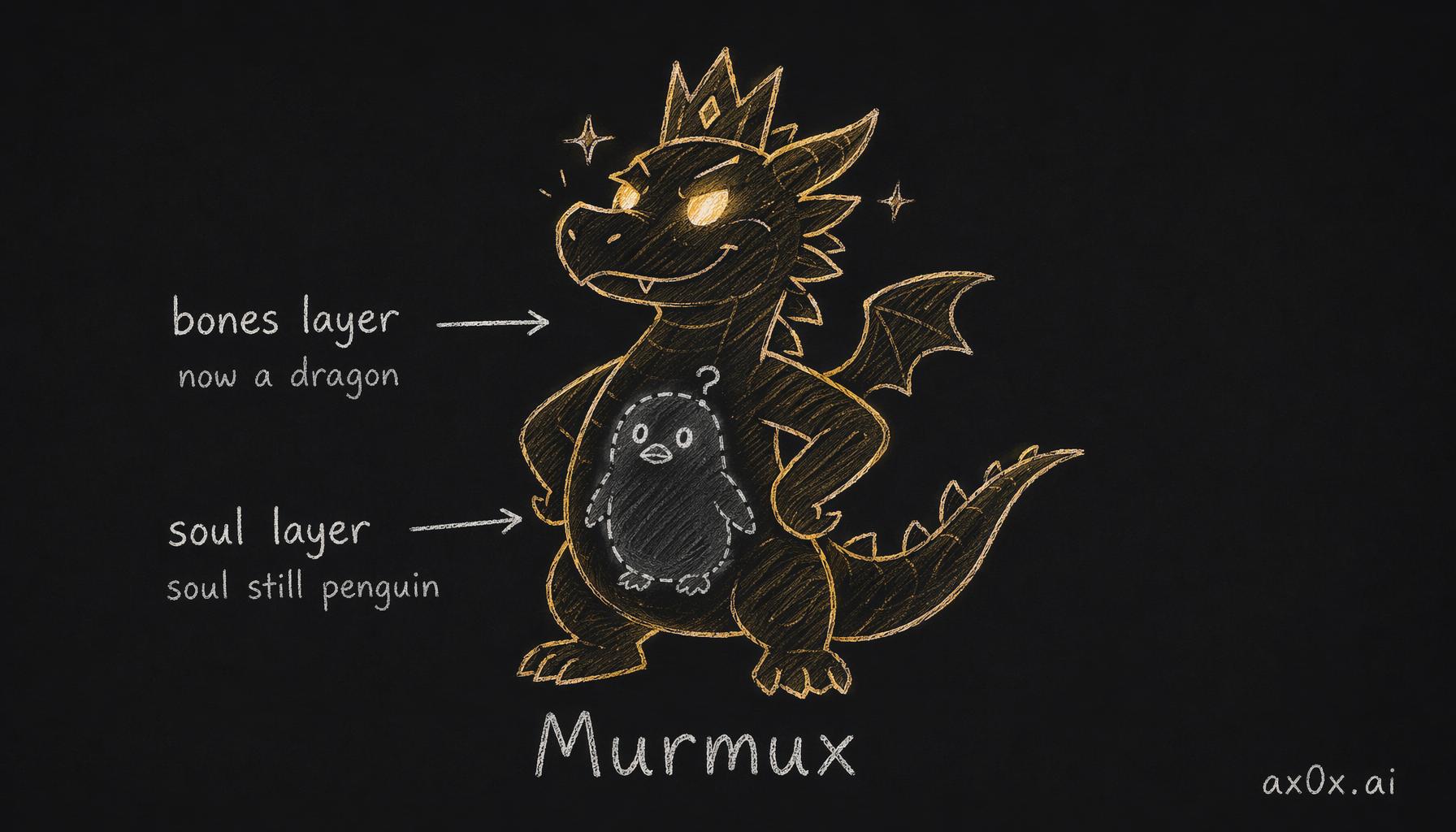 The pet has a bones layer and a soul layer; the reroll swapped bones into a dragon but the soul still remembers being a penguin