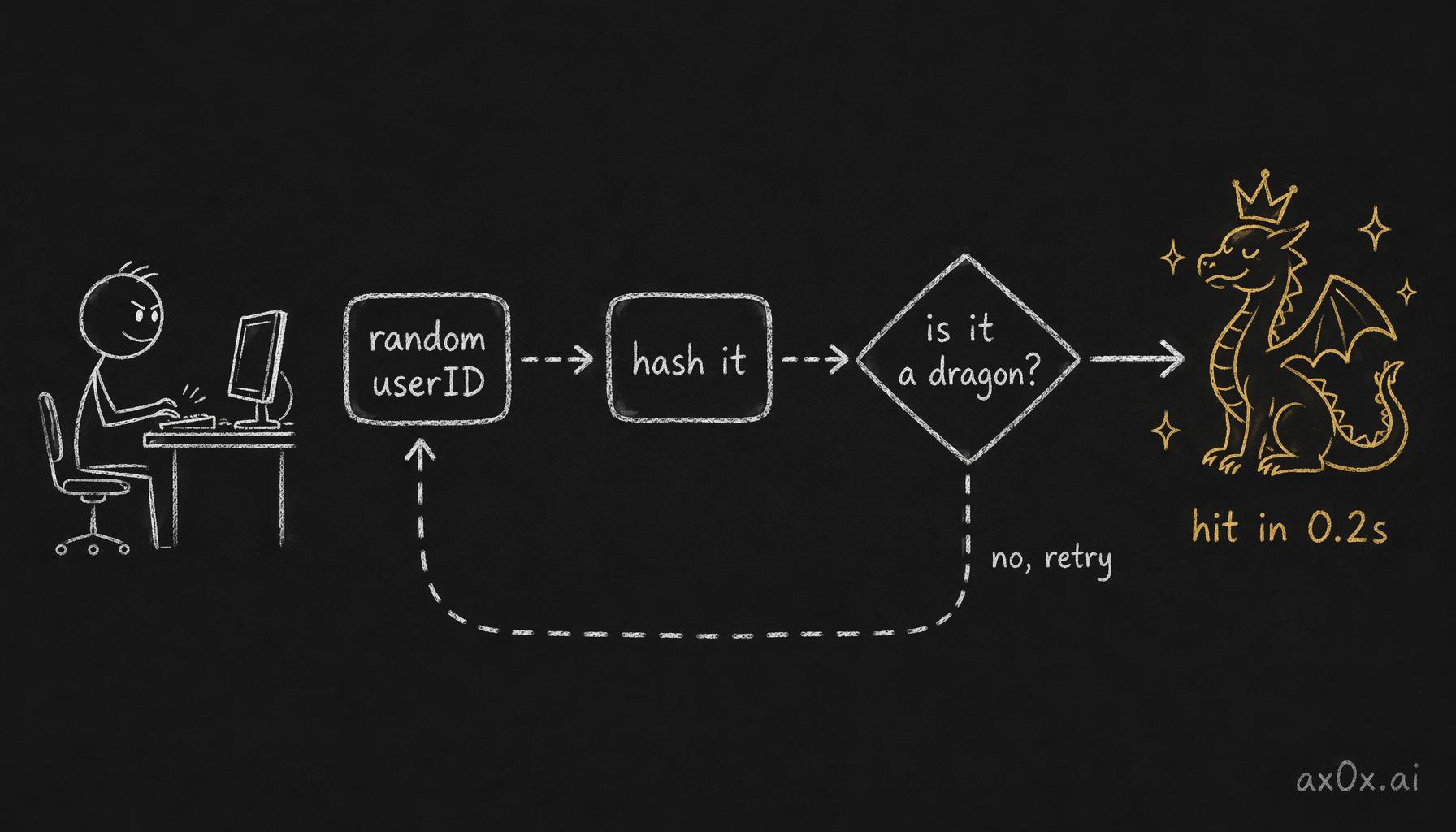 Keep generating random userIDs, hashing each, checking for a shiny legendary dragon, retrying until it hits in 0.2s