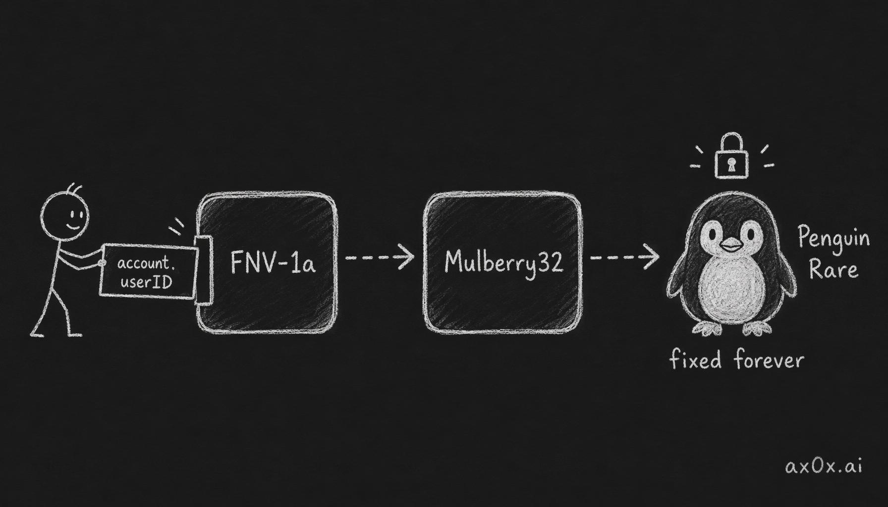 An account userID is hashed by FNV-1a into a Mulberry32 PRNG that deterministically fixes your pet forever