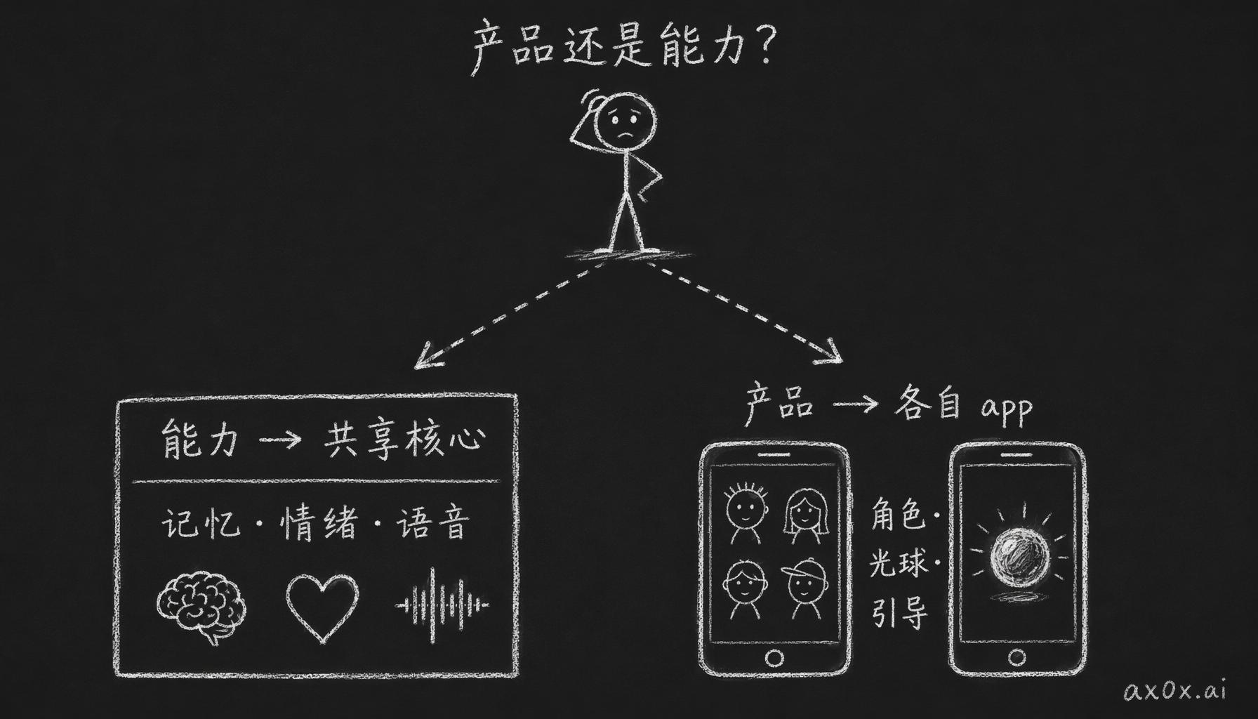 每写一个模块先问依赖产品还是能力：能力（记忆情绪语音成本安全）沉进共享核心，产品（角色渲染引导）留在各自 app