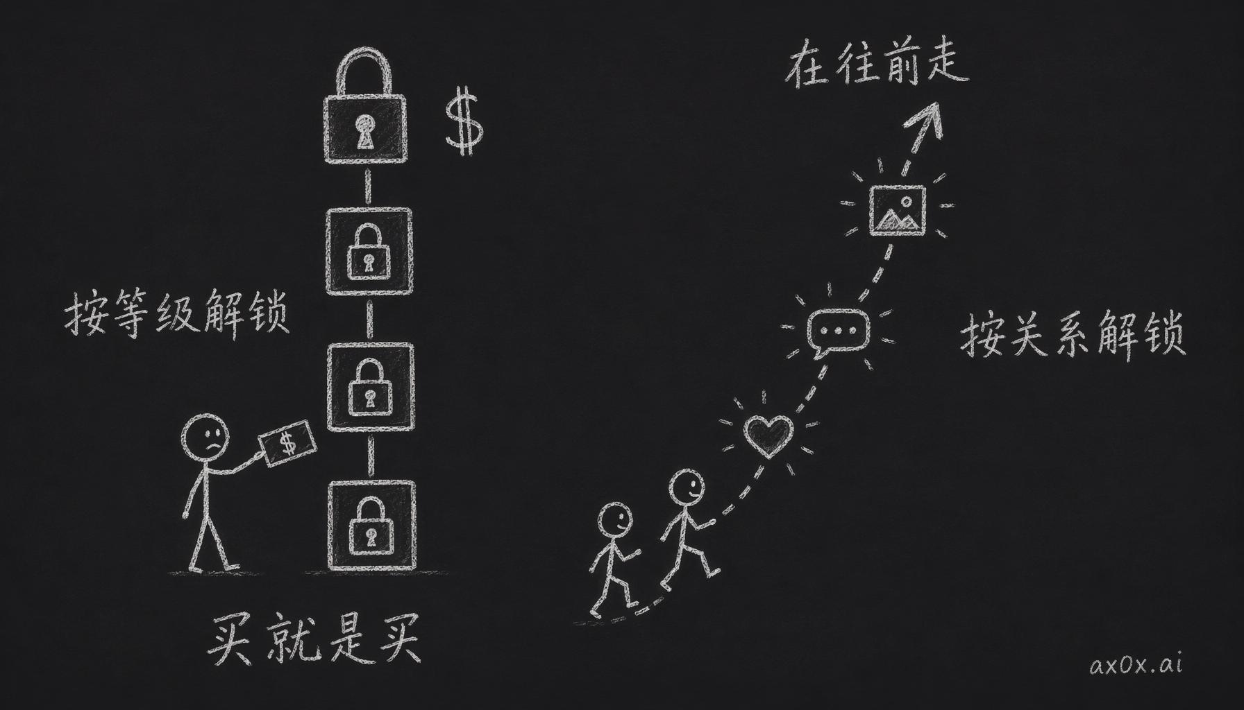 两种解锁方式的对比：按订阅等级解锁是花钱买功能，按关系深度解锁让用户觉得关系在往前走