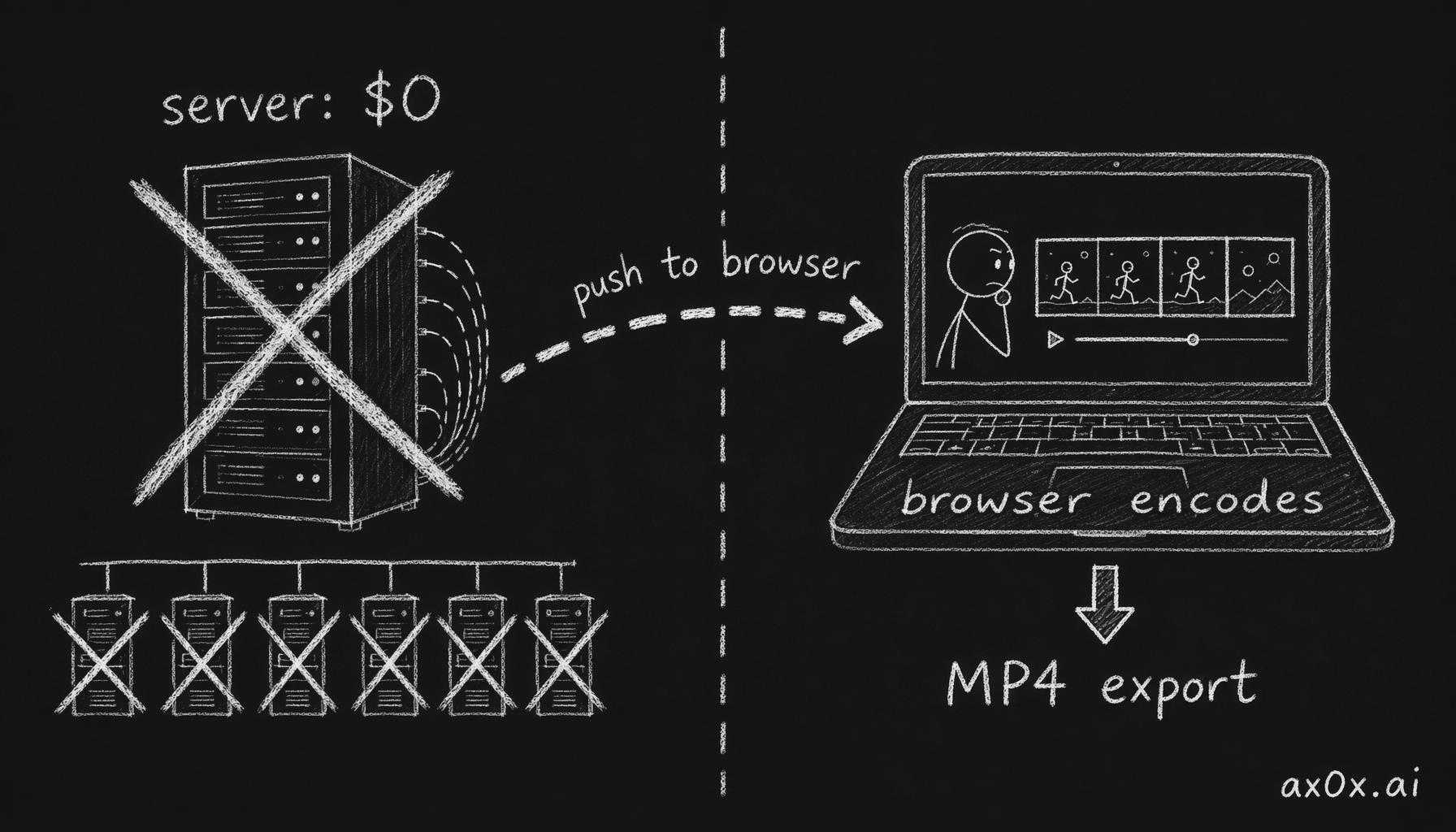 Push both video preview and encoding into the user's browser, bypassing a server render farm so the server pays nothing