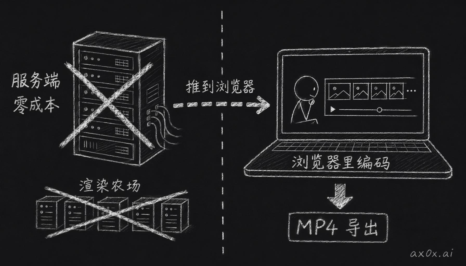 把视频预览和编码全推到用户浏览器里跑，绕开服务端渲染农场，服务端零成本