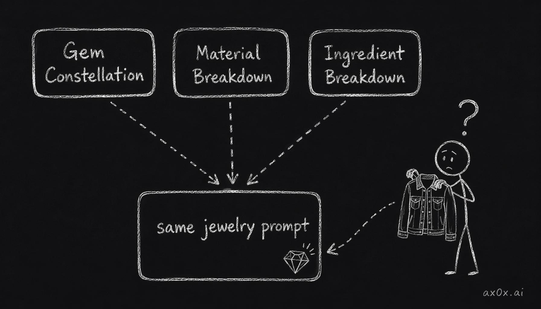 The abstraction stopped at the label layer — three different labels all point to one jewelry prompt underneath, so a denim jacket returned gemstones