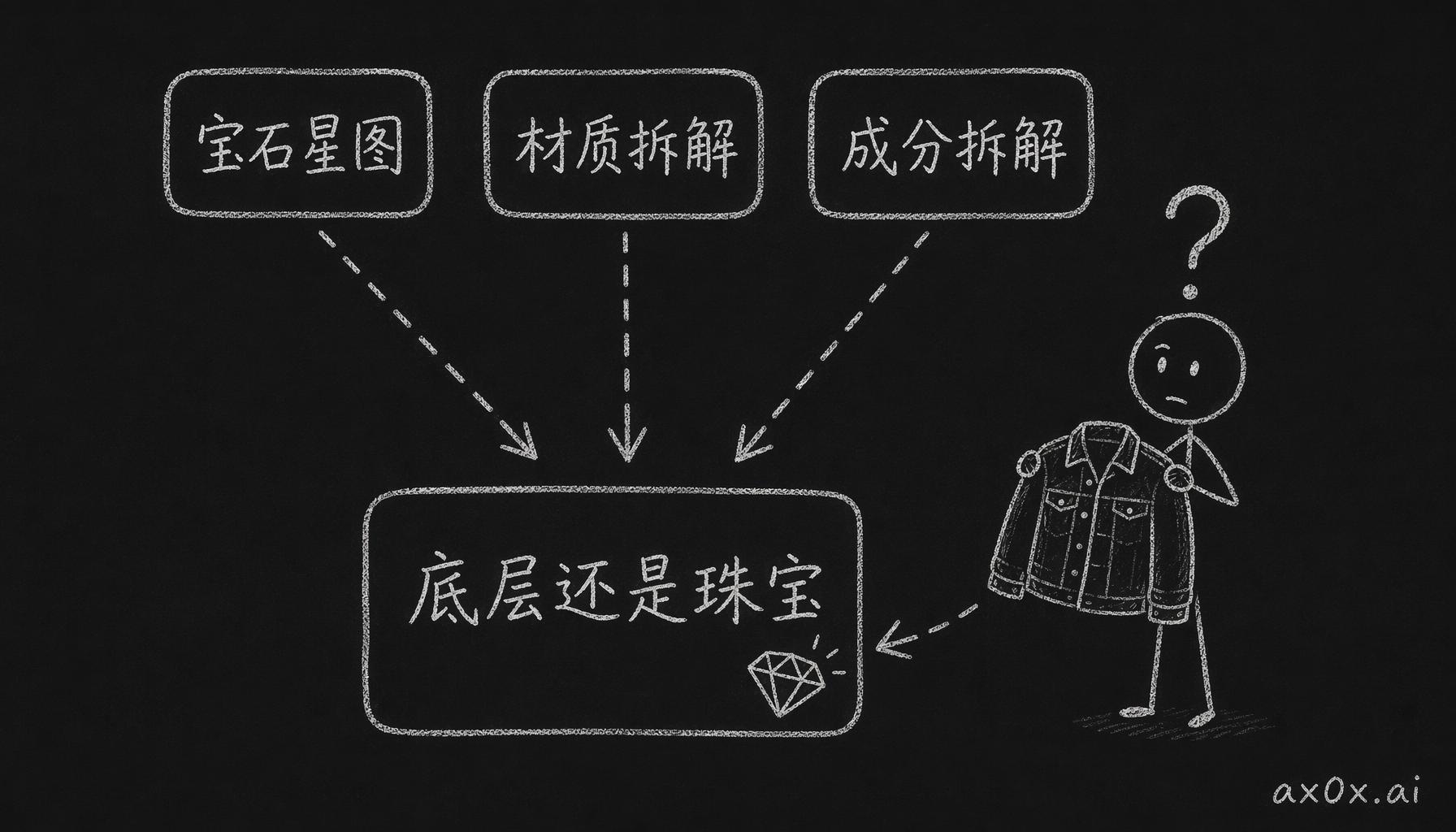 抽象只翻译了标签层——三个不同标签底下指向的还是同一个珠宝 prompt，所以牛仔外套拆出了宝石