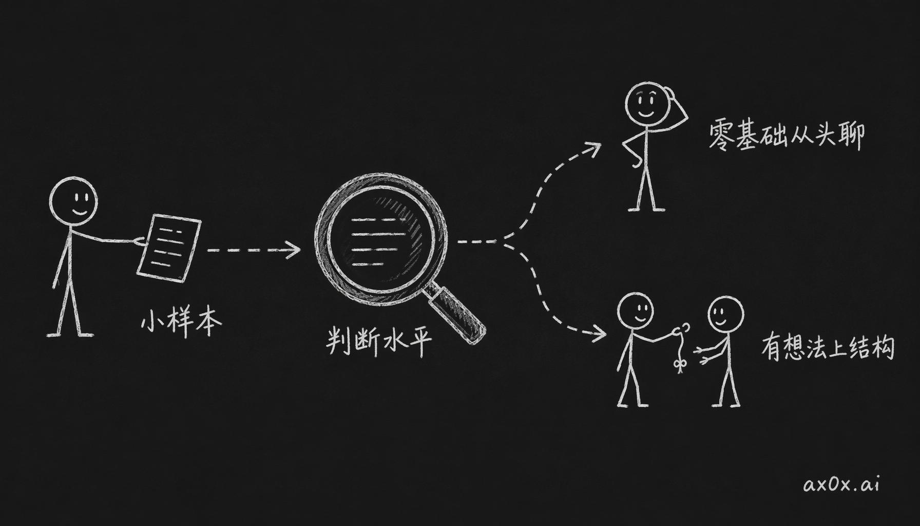 先用一个小样本判断创作者卡在哪一层，再决定辅导力度——零基础从头聊，有想法的直接上结构。