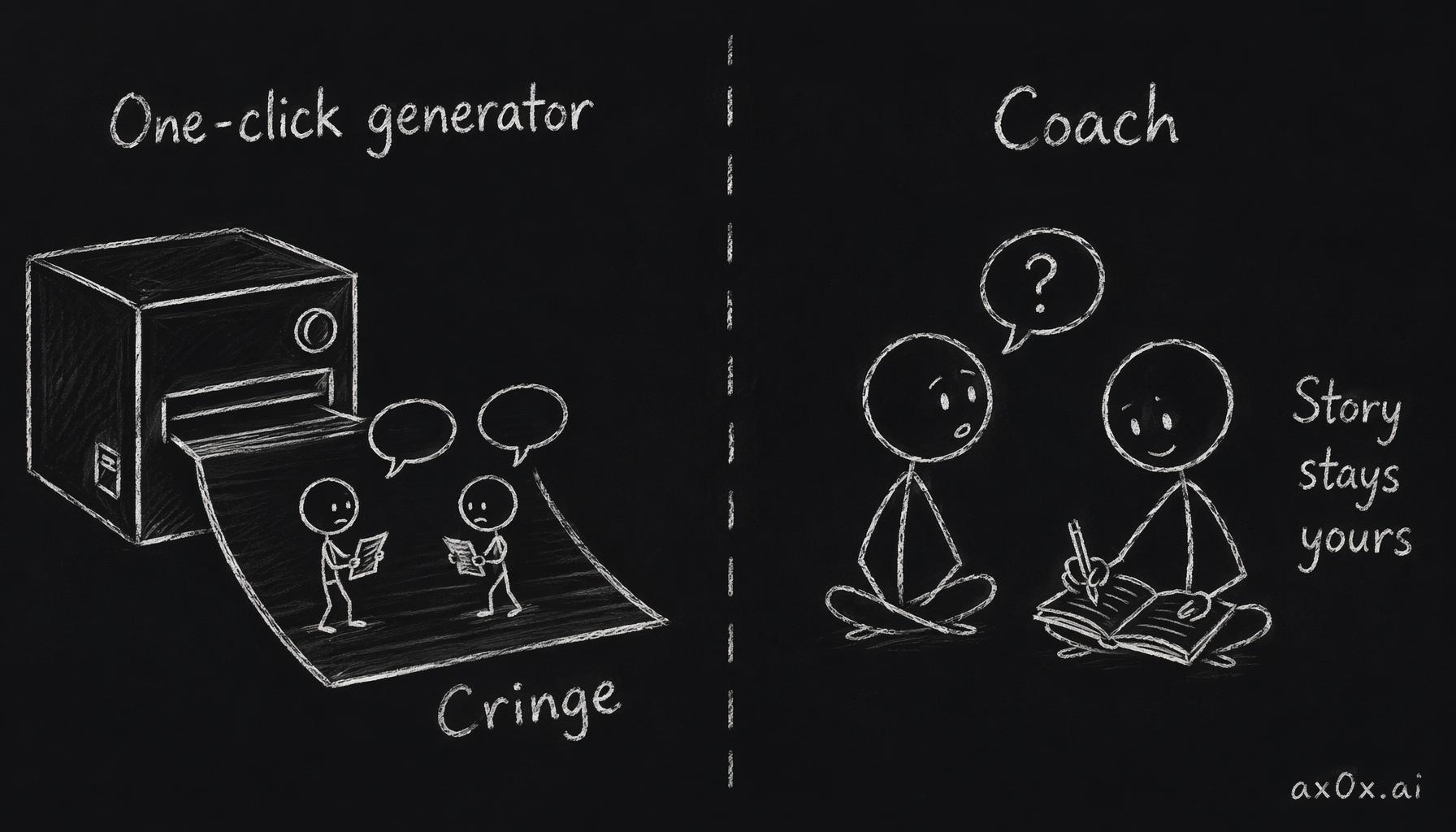 A one-click generator only lays every fact flat and reads as cringe; this skill is a coach beside you, and the story stays yours.