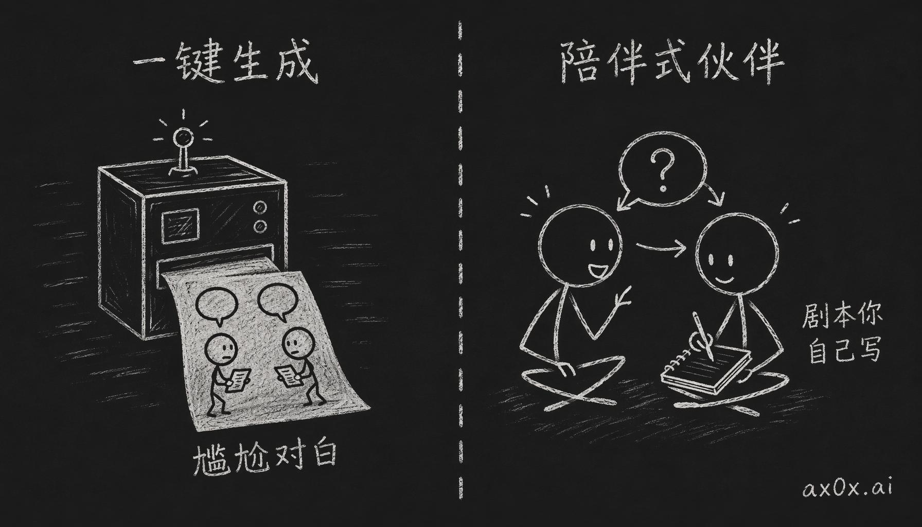 一键生成只会产出尴尬对白，创作是一路在变的，需要的是能陪你对话的伙伴——剧本始终是你自己写的。