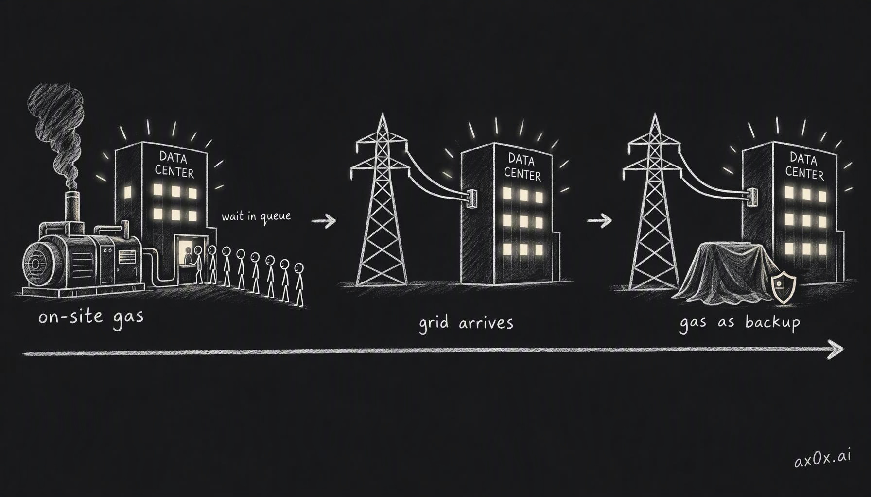 Bridge power: run on-site gas while the grid connection waits in the queue, then make the grid primary once it lands and keep the turbines as backup
