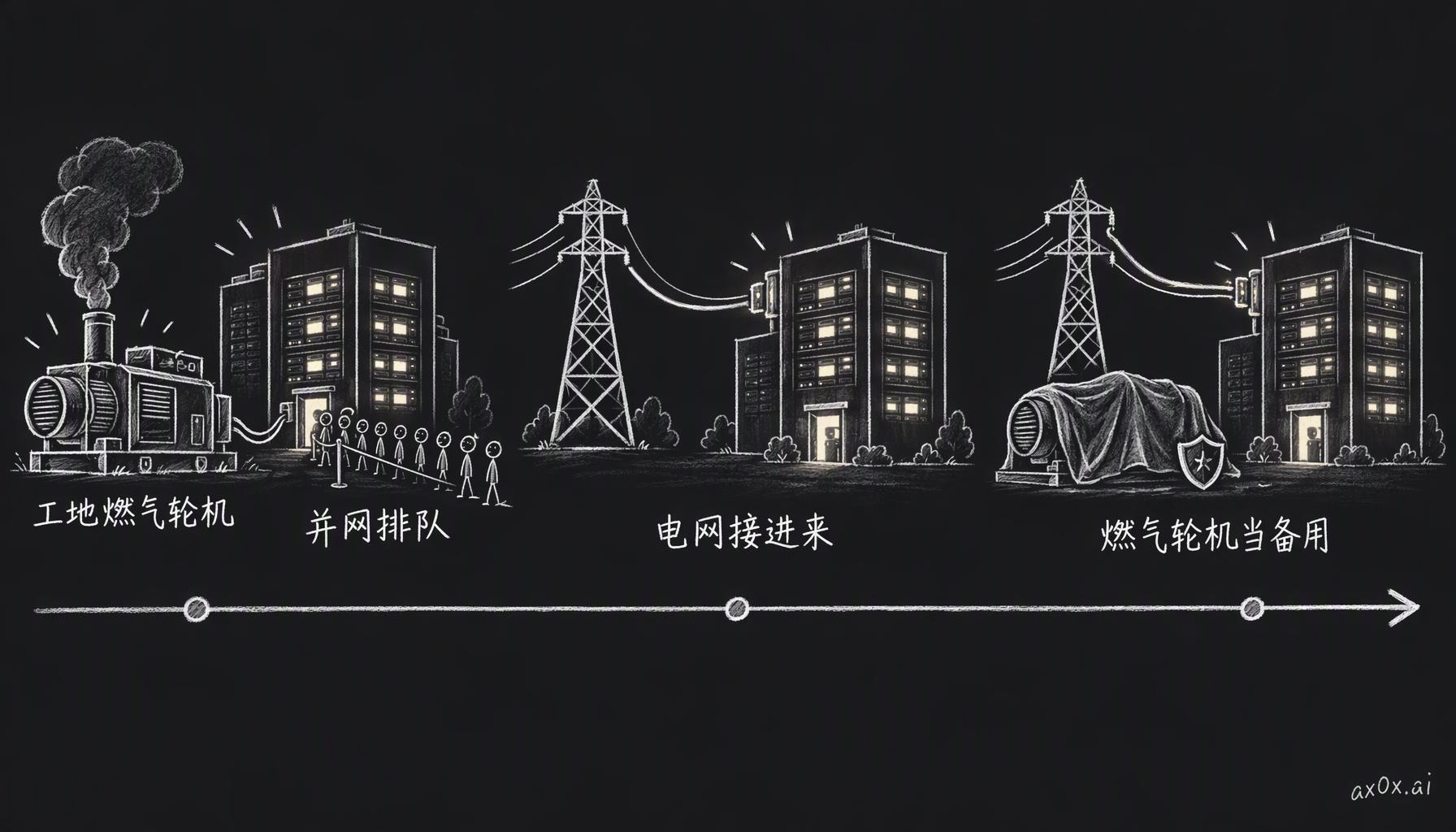 过渡电源：并网还在排队时先在工地上用燃气轮机发电，等电网接进来就切回电网当主力，燃气轮机留在现场当备用