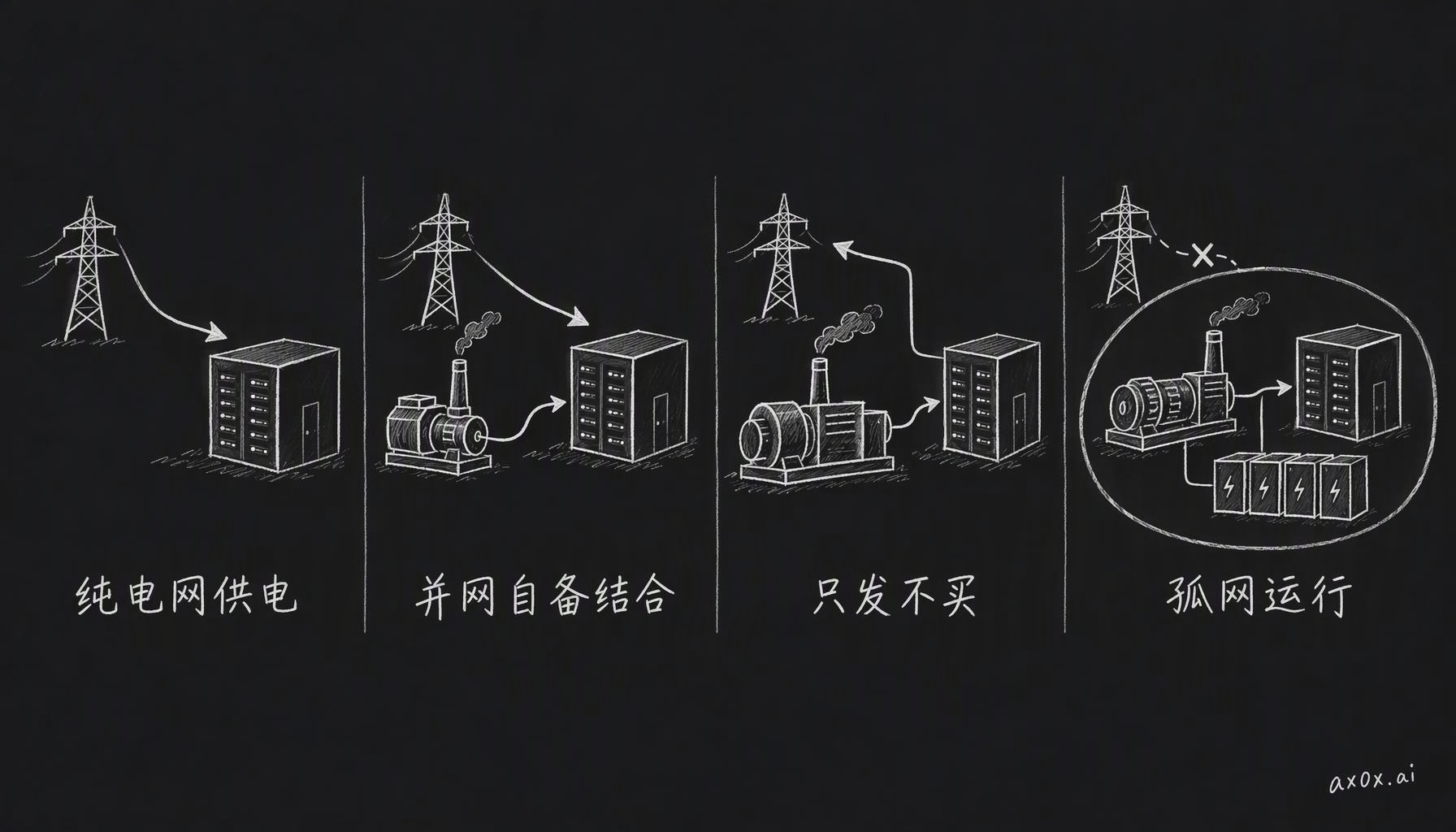 数据中心供电的 4 种方式：纯电网供电；并网自备结合，自己发电、高峰从电网买；只发不买，全靠自建电厂、多余的电卖给电网；孤网运行，完全不接大电网