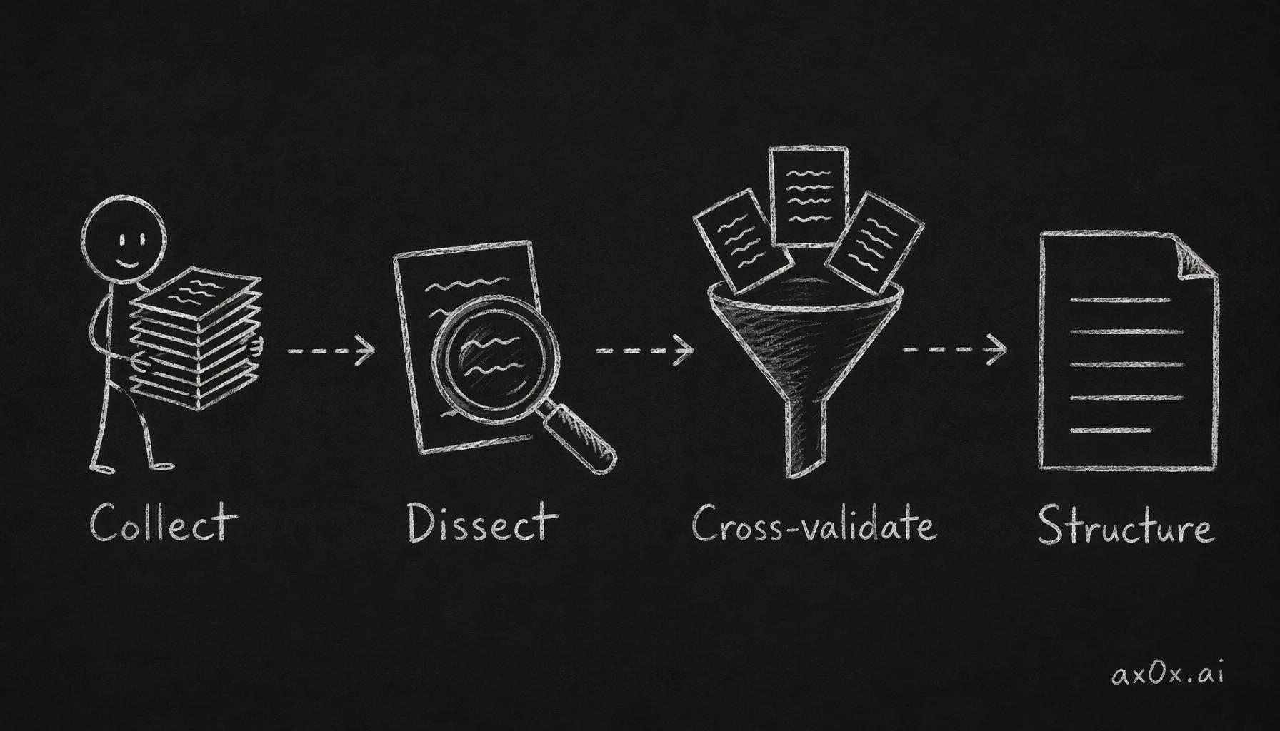 The four-step pipeline that turns a pile of articles into a reusable style profile: collect, dissect, cross-validate, structure