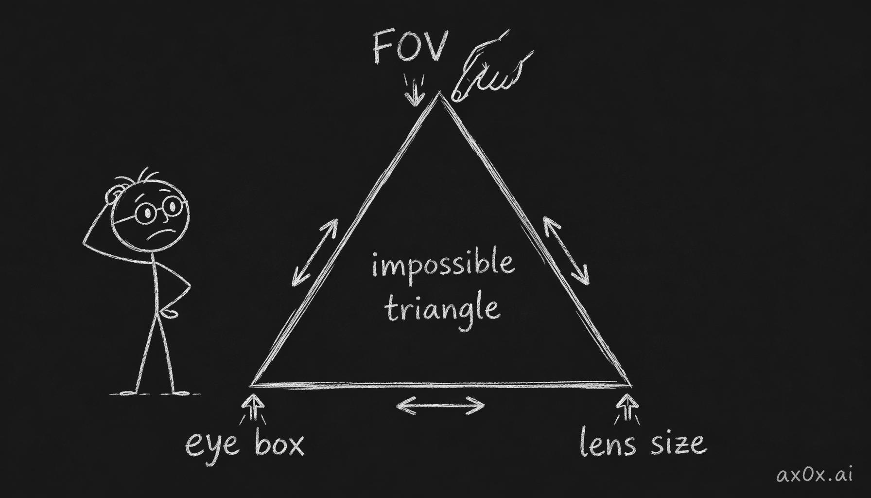 AR waveguides face an impossible triangle: field of view, eye box, and lens size all pull against each other — press one and the others pop up.