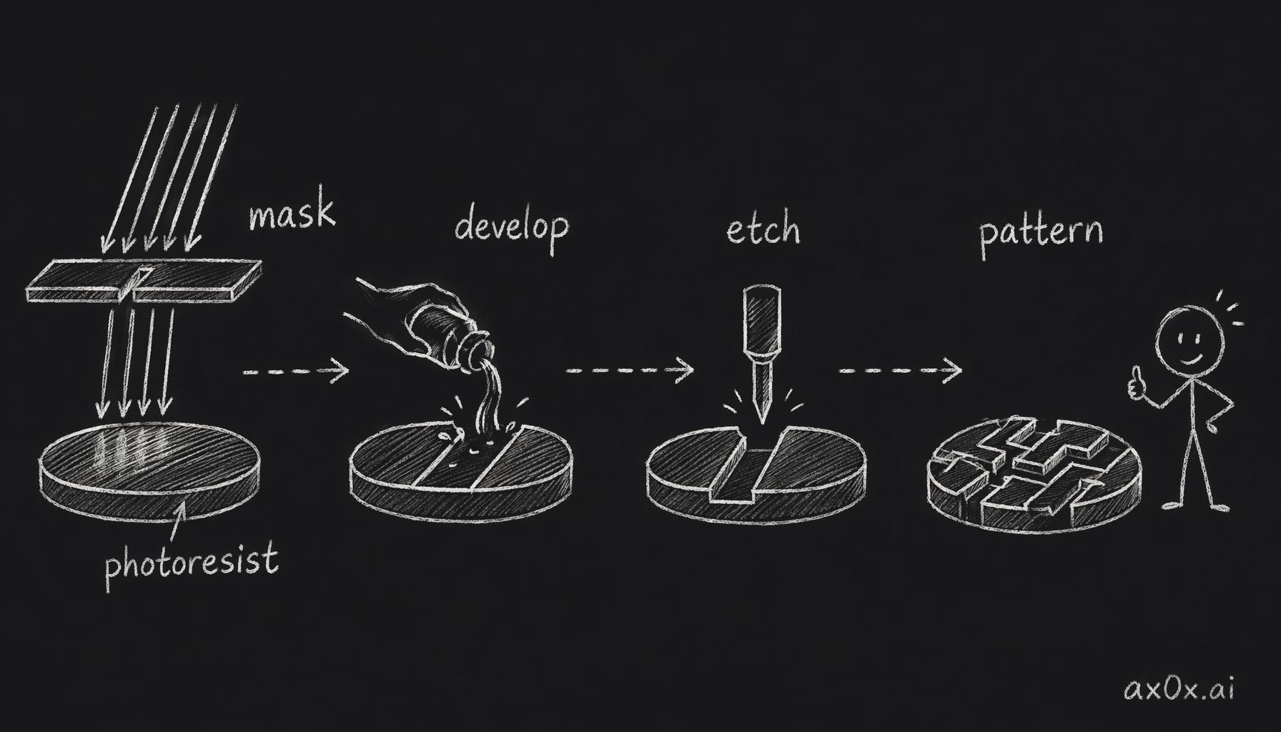 The five-step lithography flow: light through a mask hits photoresist, developer rinses the changed resist, etching follows, and the circuit pattern lands on the silicon.