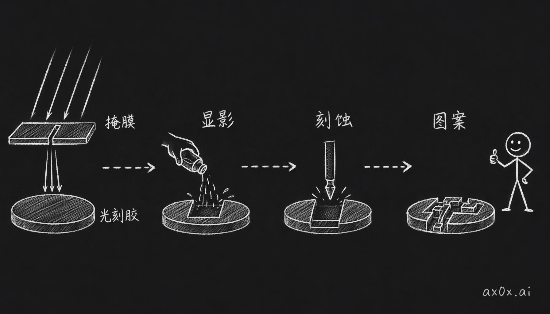 光刻五步流程：光透过掩膜照射光刻胶，显影冲掉变性部分，再刻蚀，把电路图案转到硅片上。