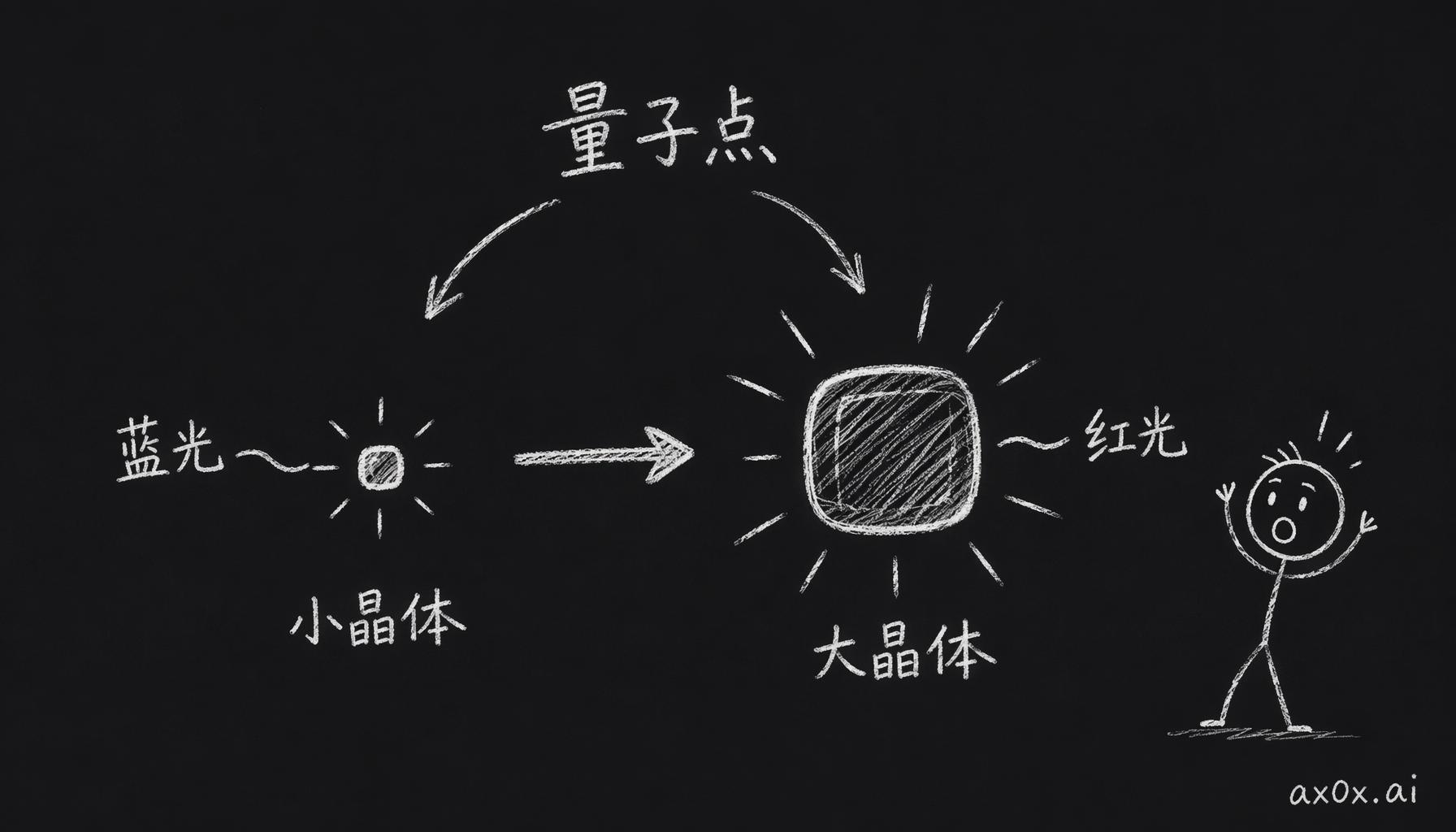 量子点尺寸决定发光颜色：晶体越小发的光越蓝，晶体越大发的光越红，靠调尺寸就能调色。