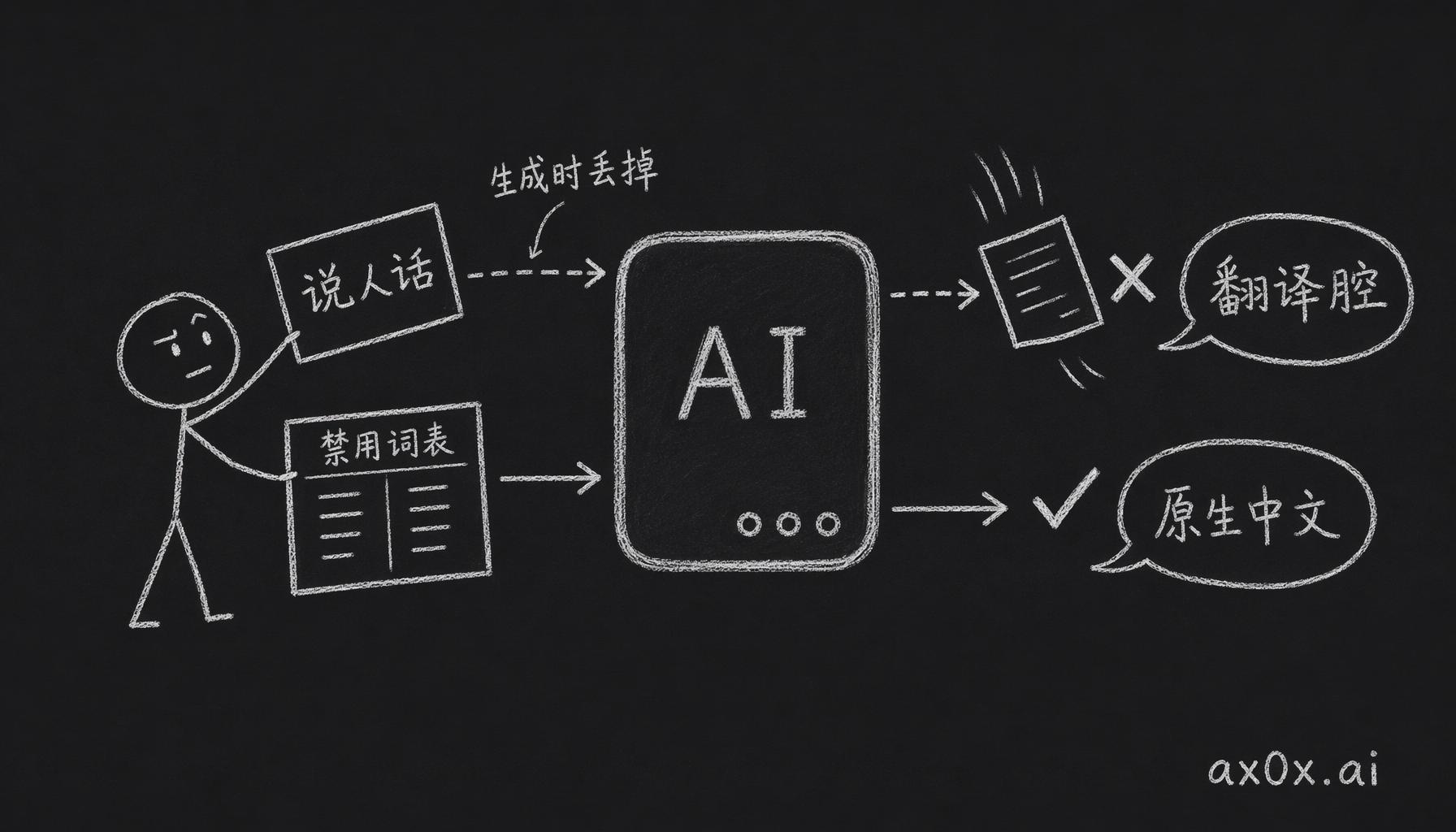 抽象规则「说人话」在生成时被 AI 丢掉、输出仍是翻译腔；具体到正则级的禁用词表才真正执行、写出原生中文。