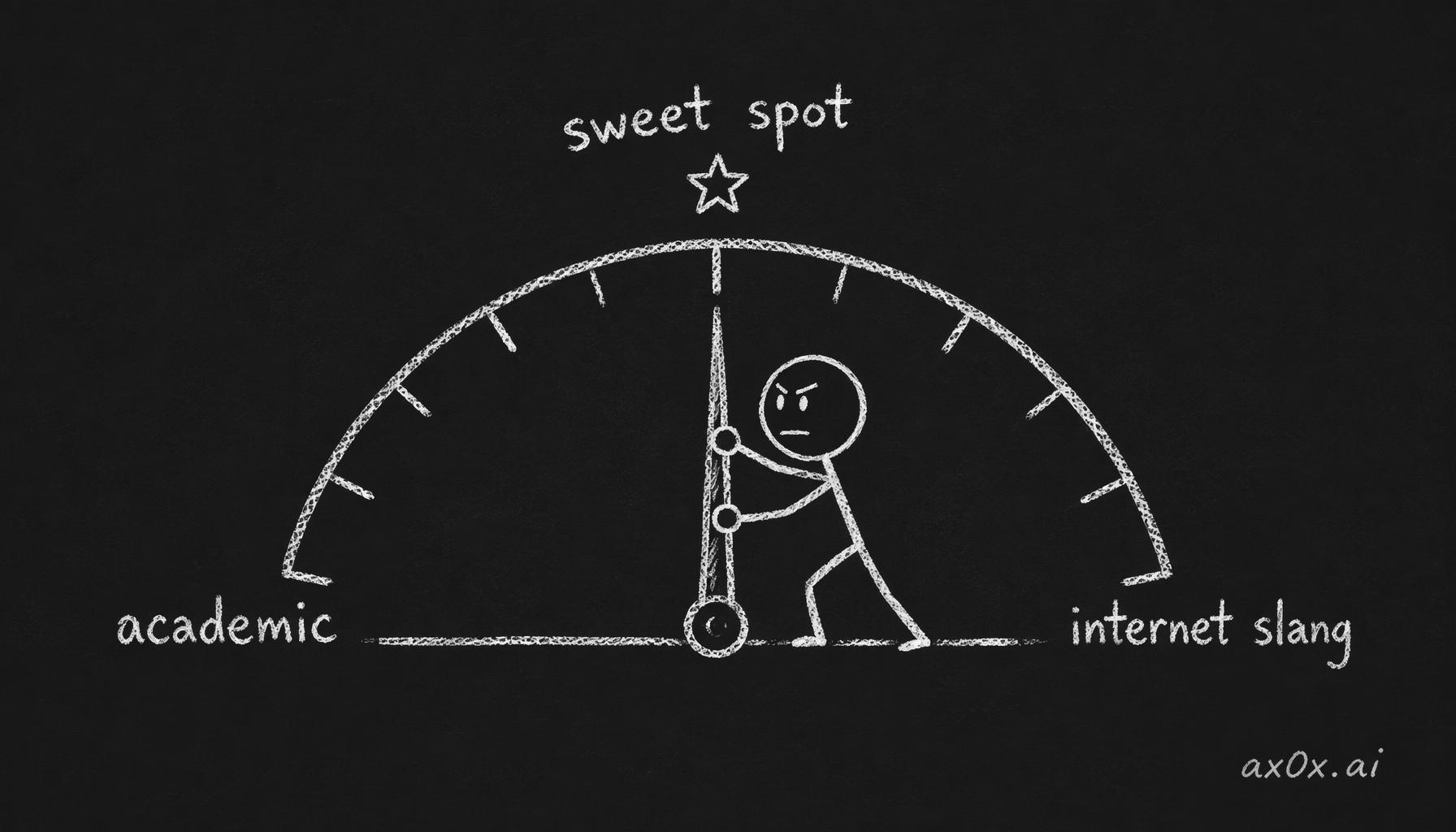 Colloquial tone is a dial: academic at one end, internet slang at the other, and you aim for the sweet spot in the middle.