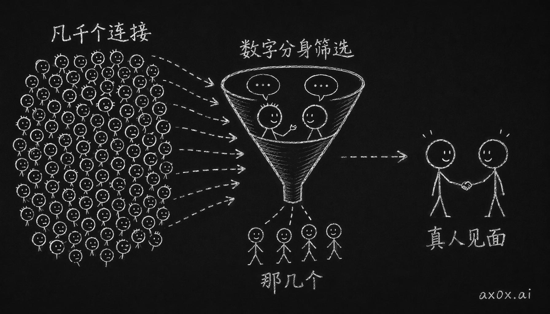 数字分身社交网络的漏斗：从几千个潜在连接里，分身互相聊、过滤出重要的那几个，最后真人才见面