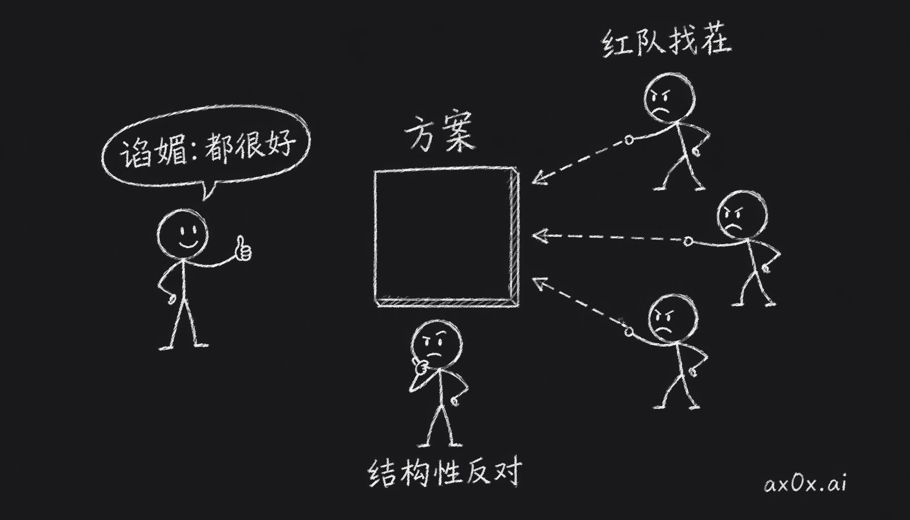 反谄媚纠错回路——agent 永远说方案好，用一组对抗性红队专门拆台，人来判断哪些反对是结构性的。
