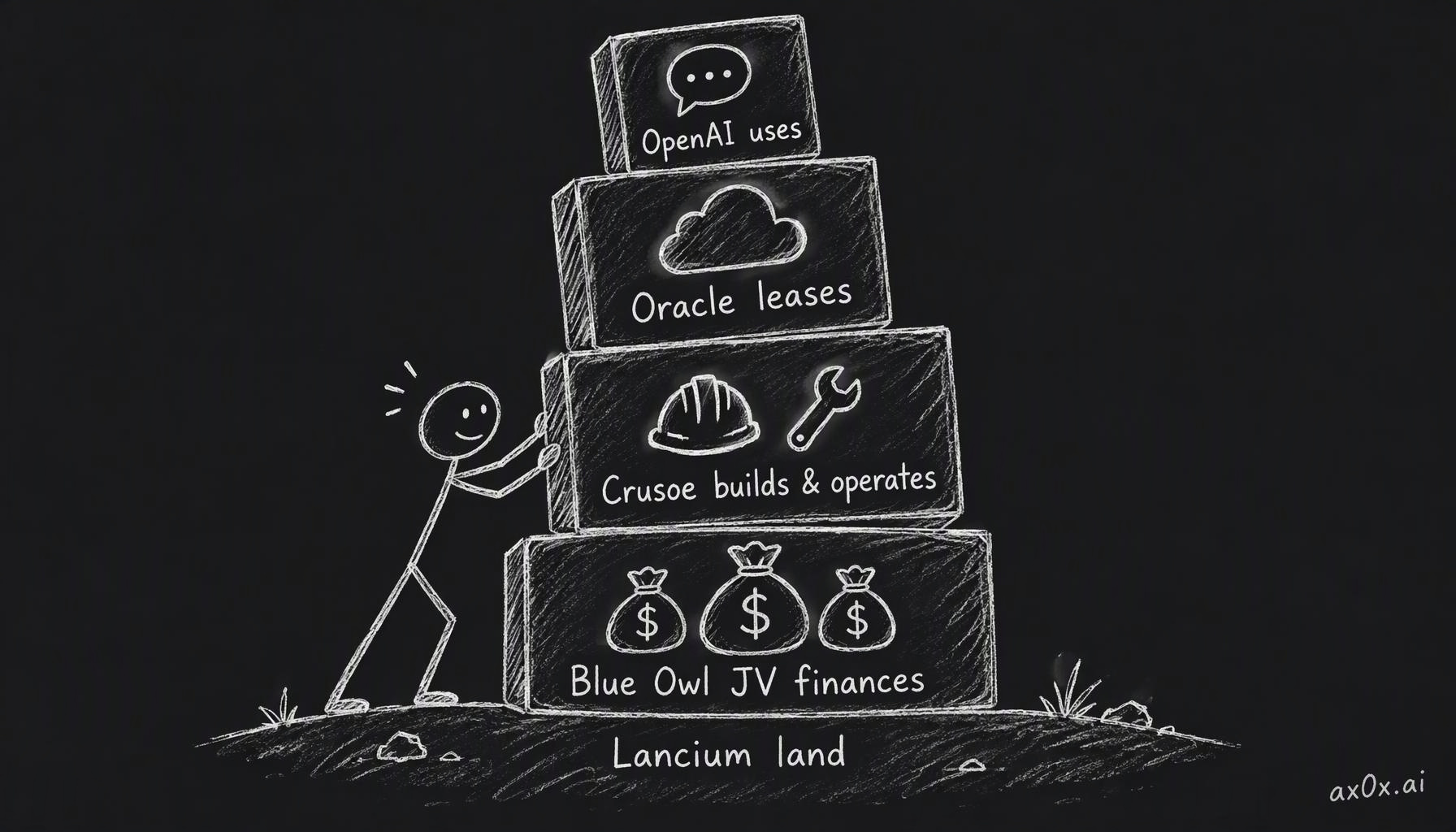 The Abilene stack: Crusoe builds and operates the campus on Lancium land, Oracle leases it and runs its cloud there, OpenAI uses the compute, and a Blue Owl joint venture supplies the capital