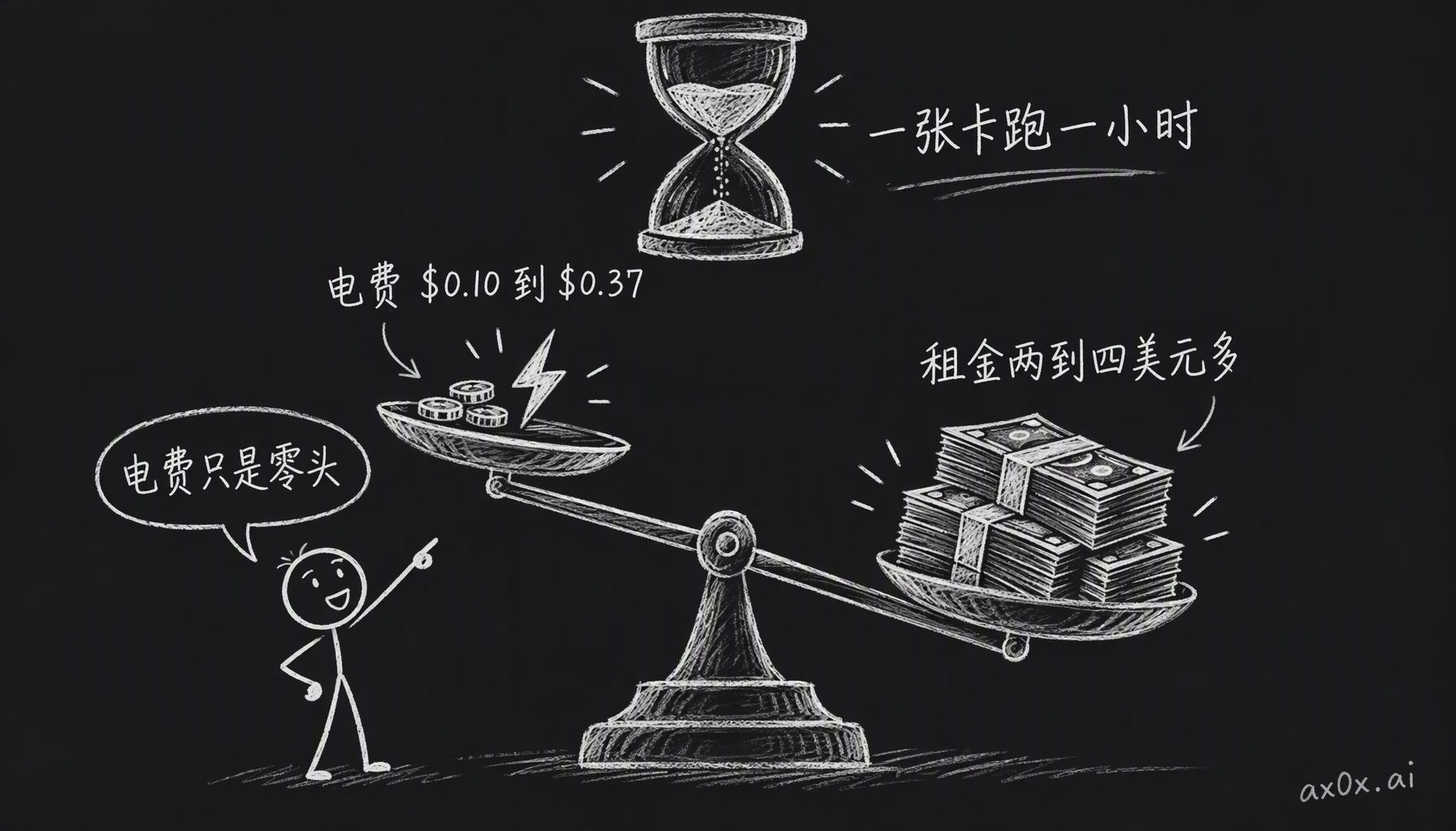一张卡跑一小时，电费只有 0.10 到 0.37 美元，租金要两到四美元多，电费只是零头