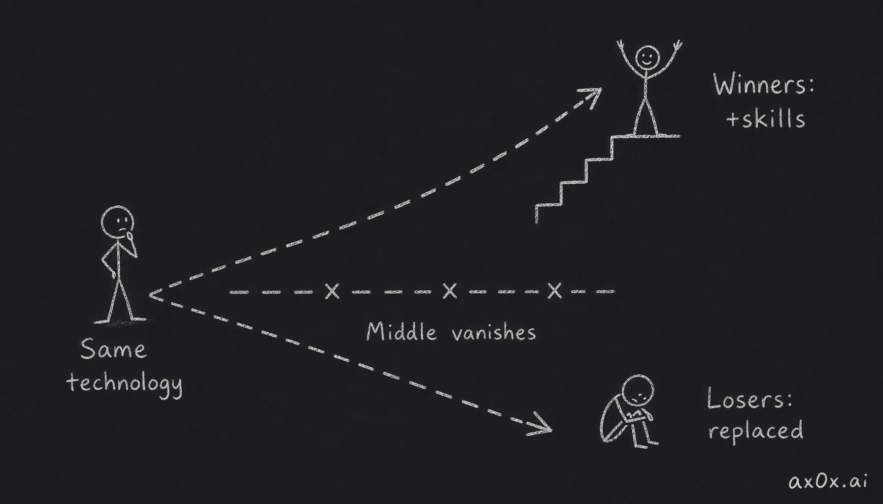 The bifurcation: one technology sends winners up and losers down while the middle vanishes